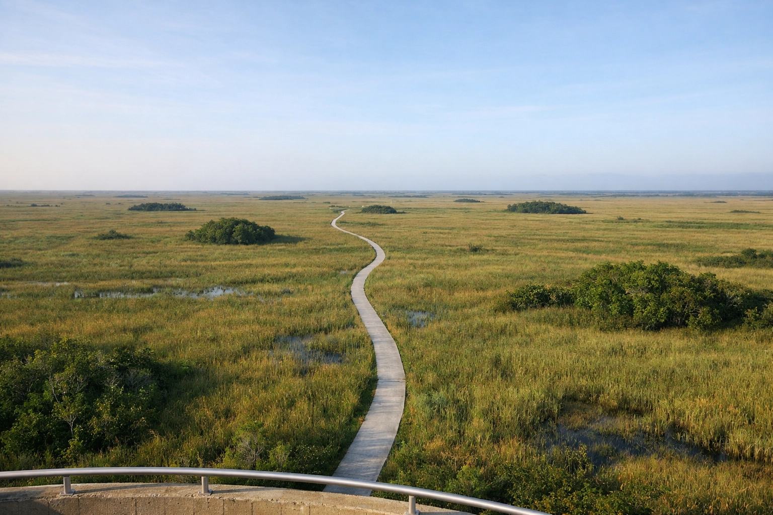 Panoramic view of the sawgrass prairie from Shark Valley Tower, a must-visit Everglades photography location.