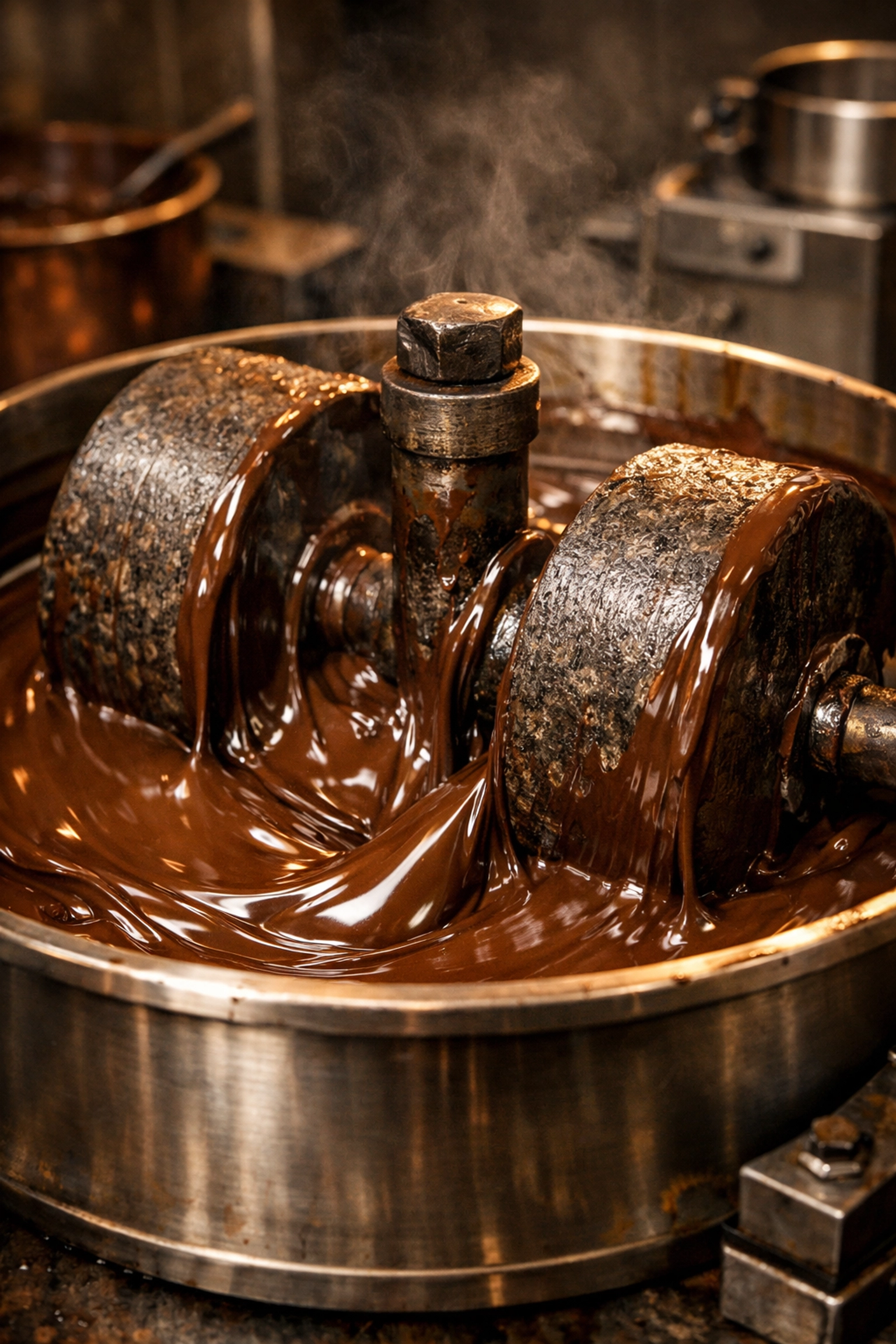 Professional stone grinder processing melted chocolate for artisan bean-to-bar chocolate production