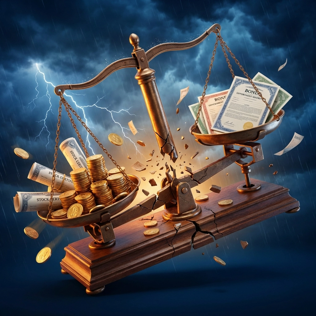 Traditional balance scale tipping between stocks and bonds amid financial market turbulence, highlighting 60/40 risks.