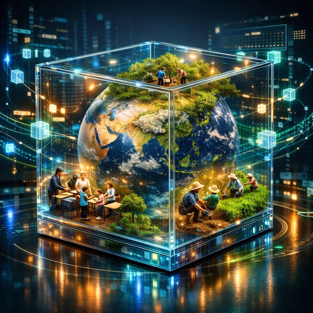 Global impact visualization showing blockchain-verified meals, tree planting, and farmer support programs