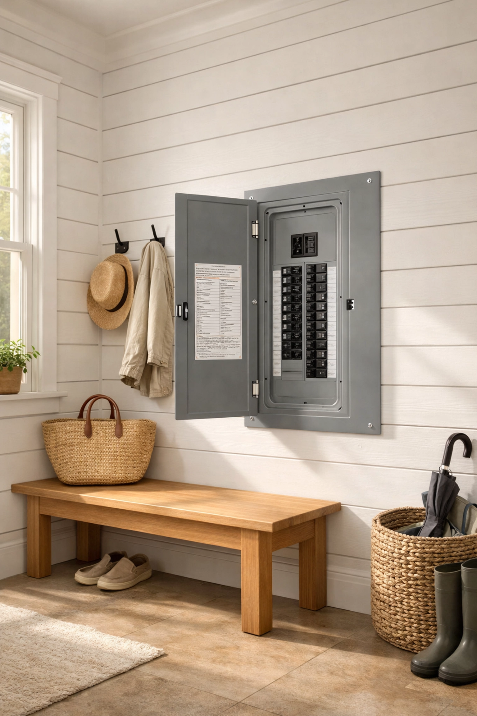 Modern electrical service panel upgrade in a Maine home, professionally installed by local electrical companies in Maine.