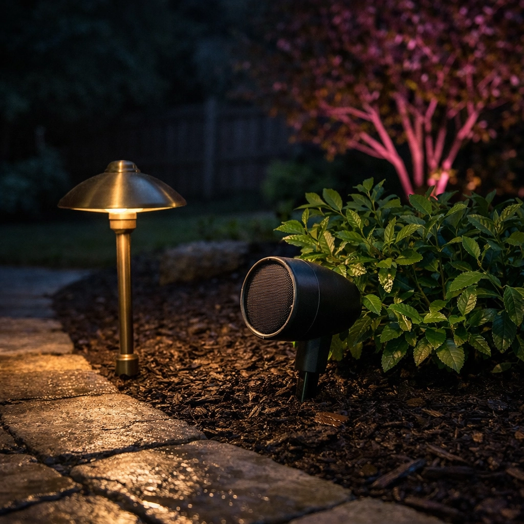 Discreet landscape audio speaker integrated with brass path lighting in a professionally lit garden bed.