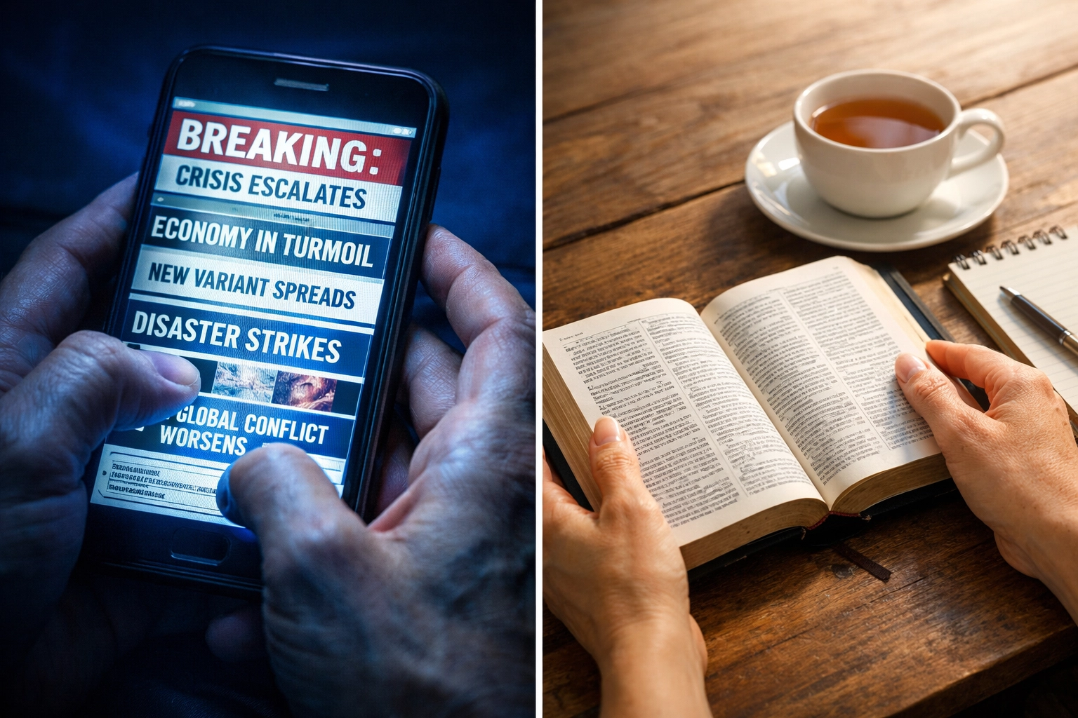 Contrast between anxious news scrolling and peaceful Bible reading with prayer