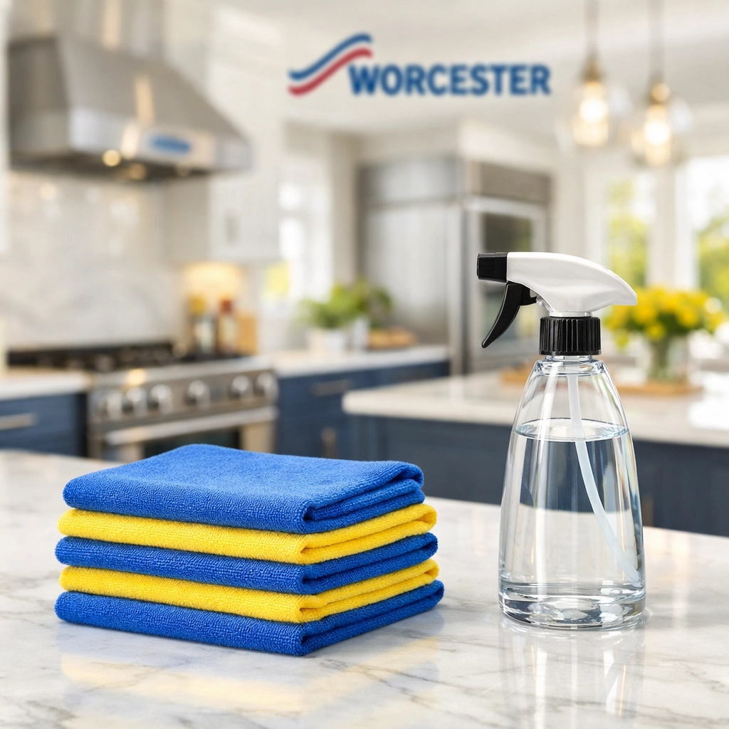 Professional house cleaning Worcester MA supplies including microfiber cloths in a modern kitchen.