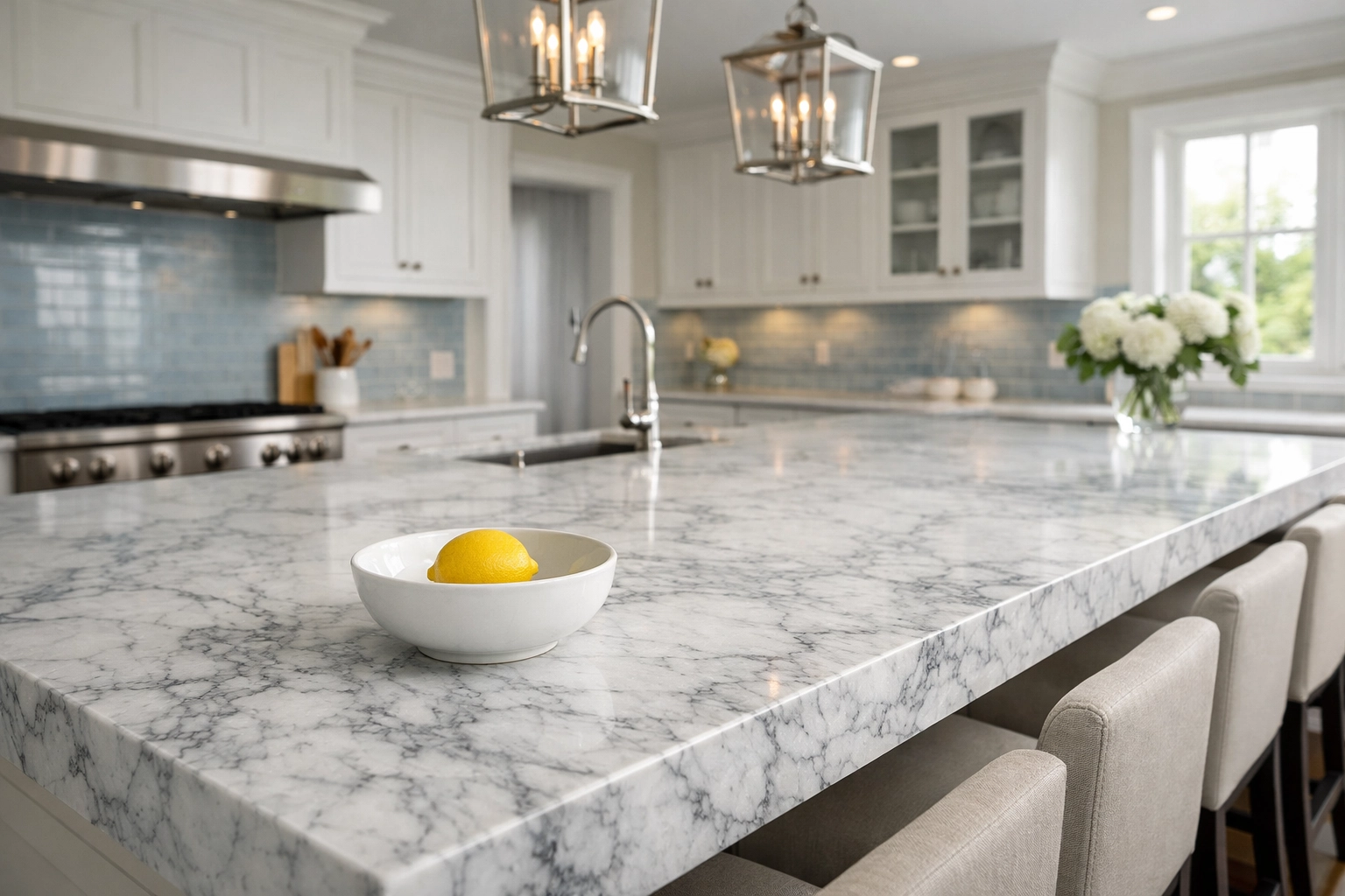Pristine Carrara marble kitchen island in a luxury Marblehead Harbor Estate home.