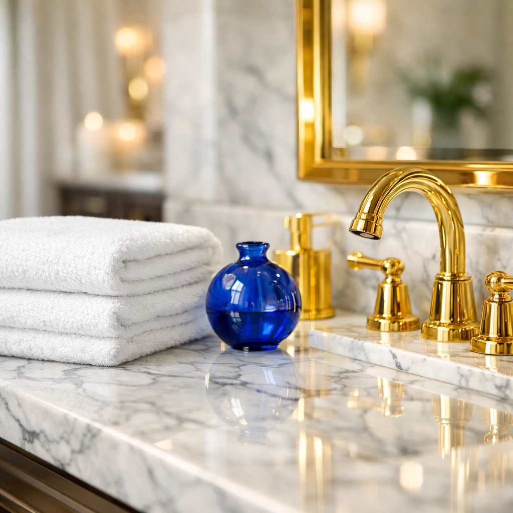Detail of a marble bathroom vanity after a premium luxury house cleaning MA service in Massachusetts.
