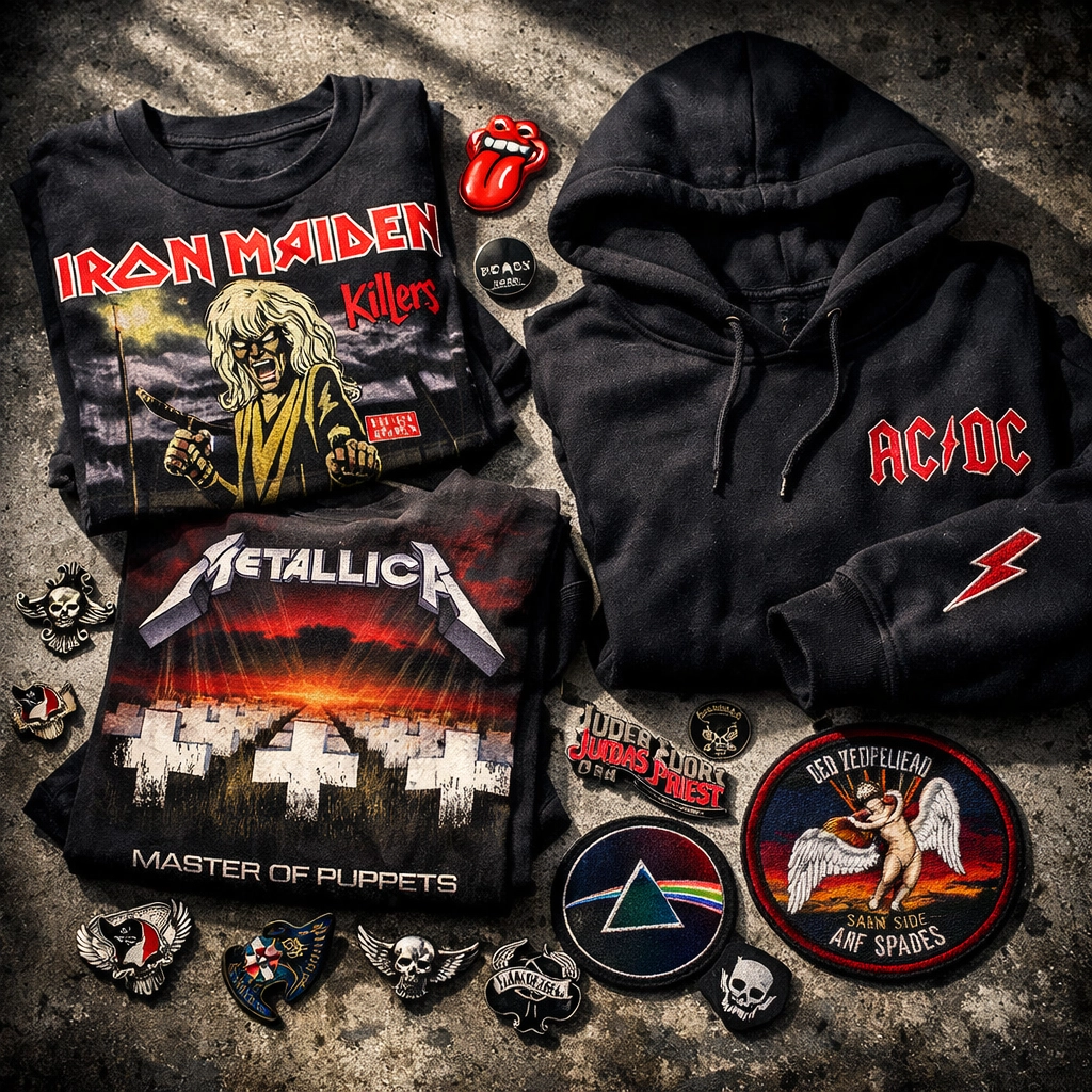 Official band merchandise collection including graphic tees, hoodies, and pins