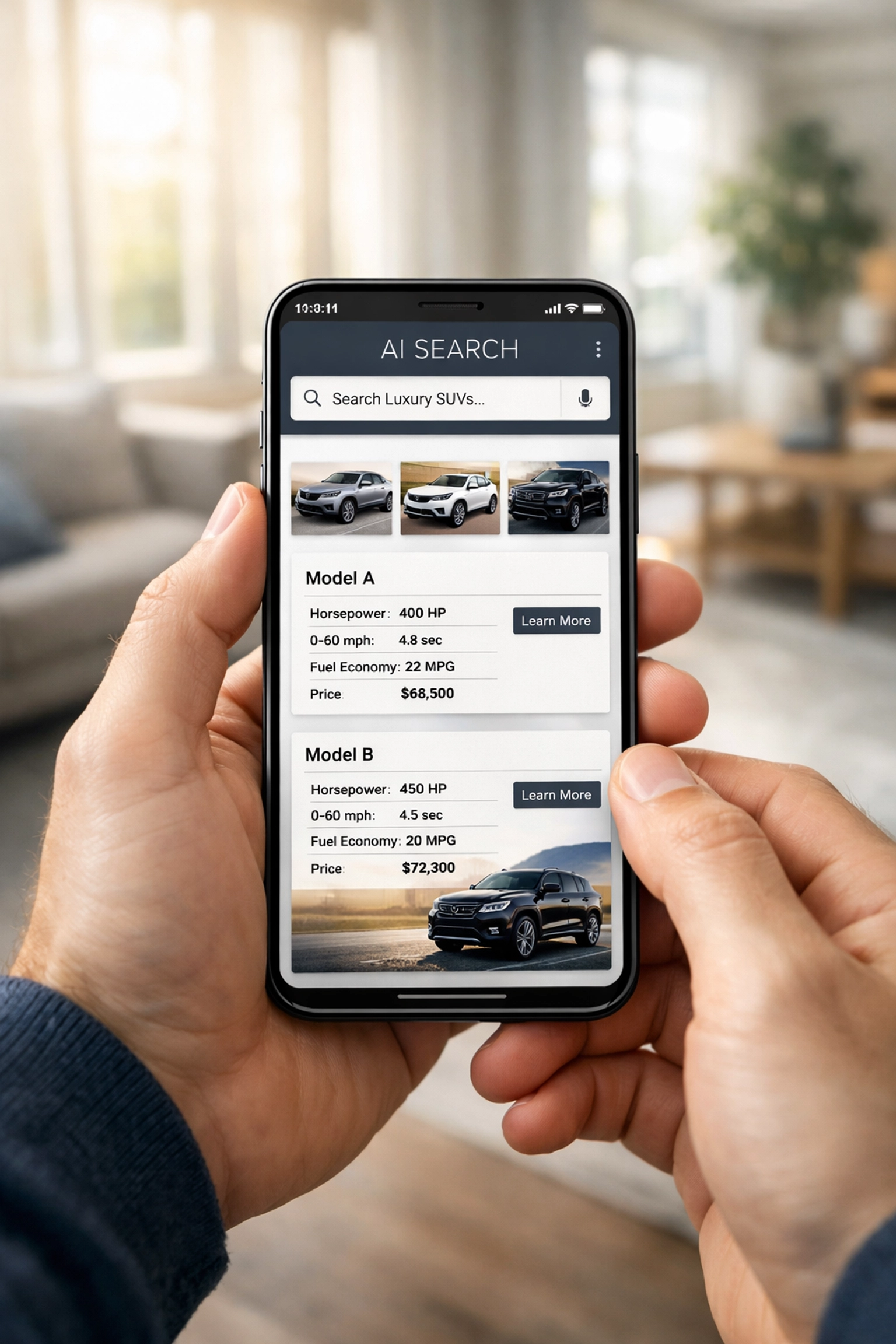 Modern car buyer using an AI search interface on a smartphone to research vehicle specifications.