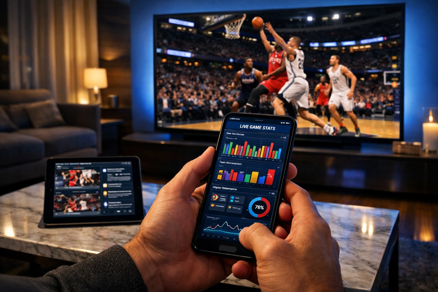 Multi-screen fan engagement showing sports analytics on a smartphone during a live basketball broadcast.