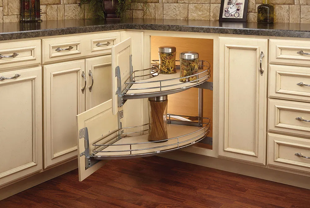 Custom corner cabinet with a pull-out shelving system for optimal use of space.