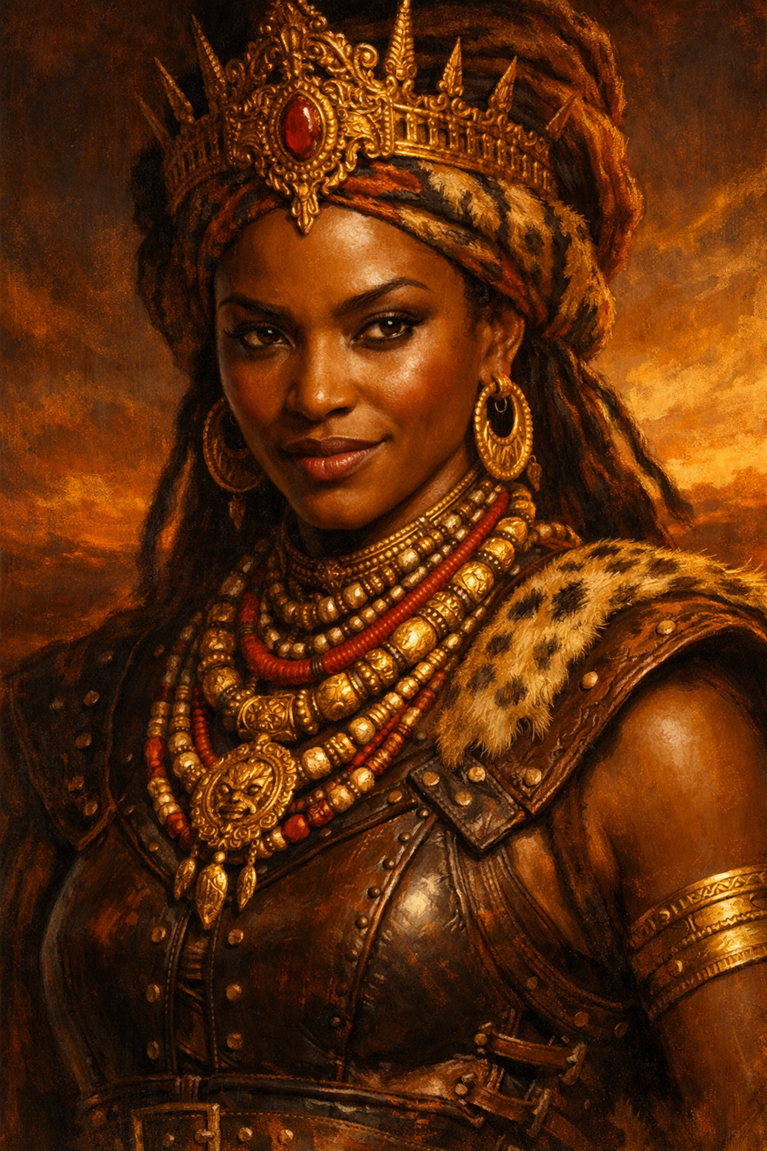 Portrait of Queen Nzinga of Angola, a gender-fluid ruler wearing royal jewelry and masculine warrior attire.