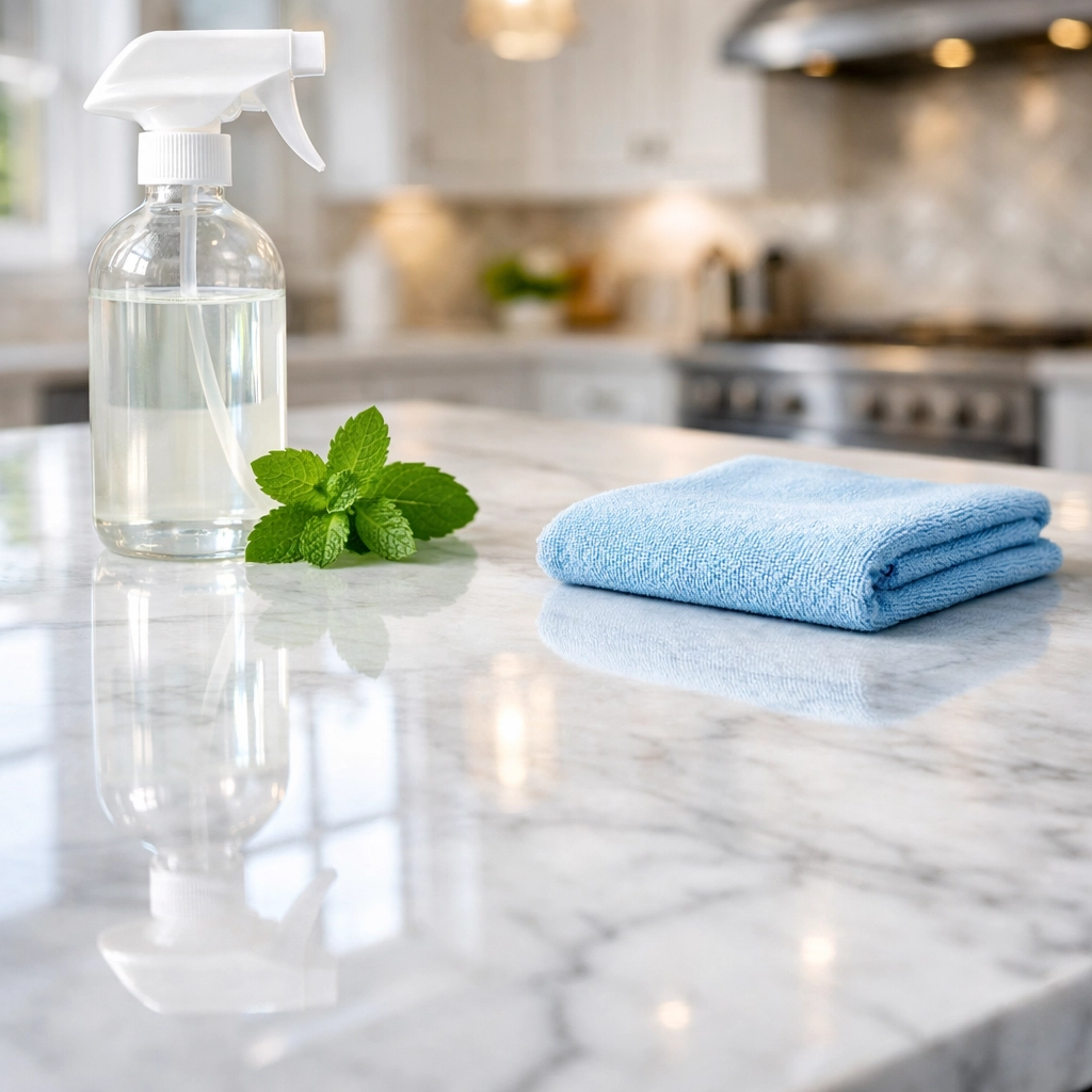 Eco-friendly Ninja-Fast Cleaning in Dover results on a luxury white marble kitchen island.