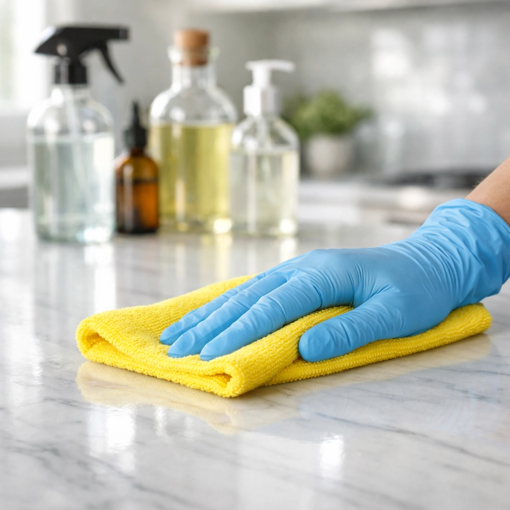 Professional cleaners Brookline MA sanitizing a luxury white marble kitchen island.