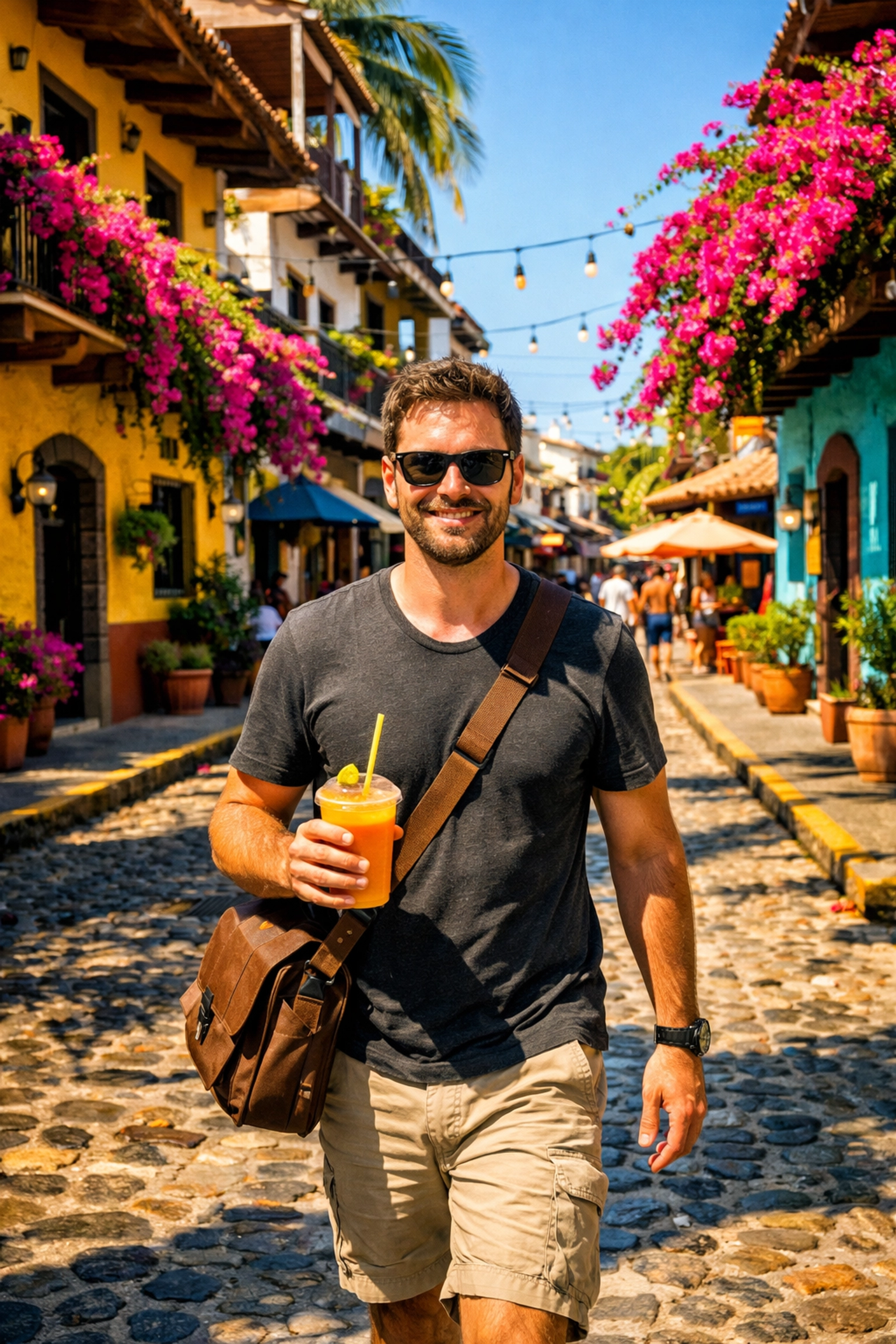 Digital nomad walking through Old Town Puerto Vallarta near puerto vallarta vacation condos on a sunny street.
