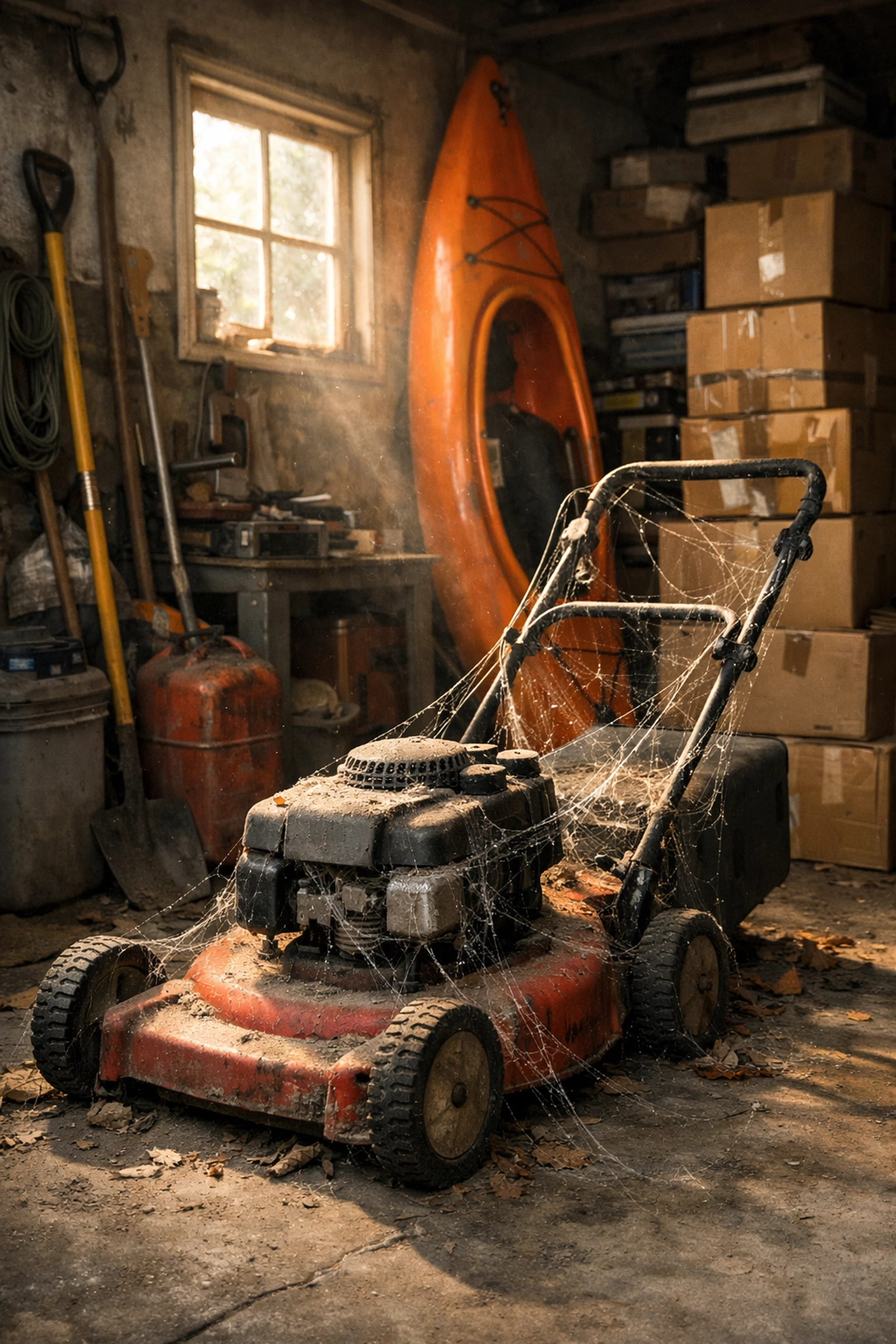 Dusty unused lawn mower and tools sitting idle in cluttered garage collecting cobwebs