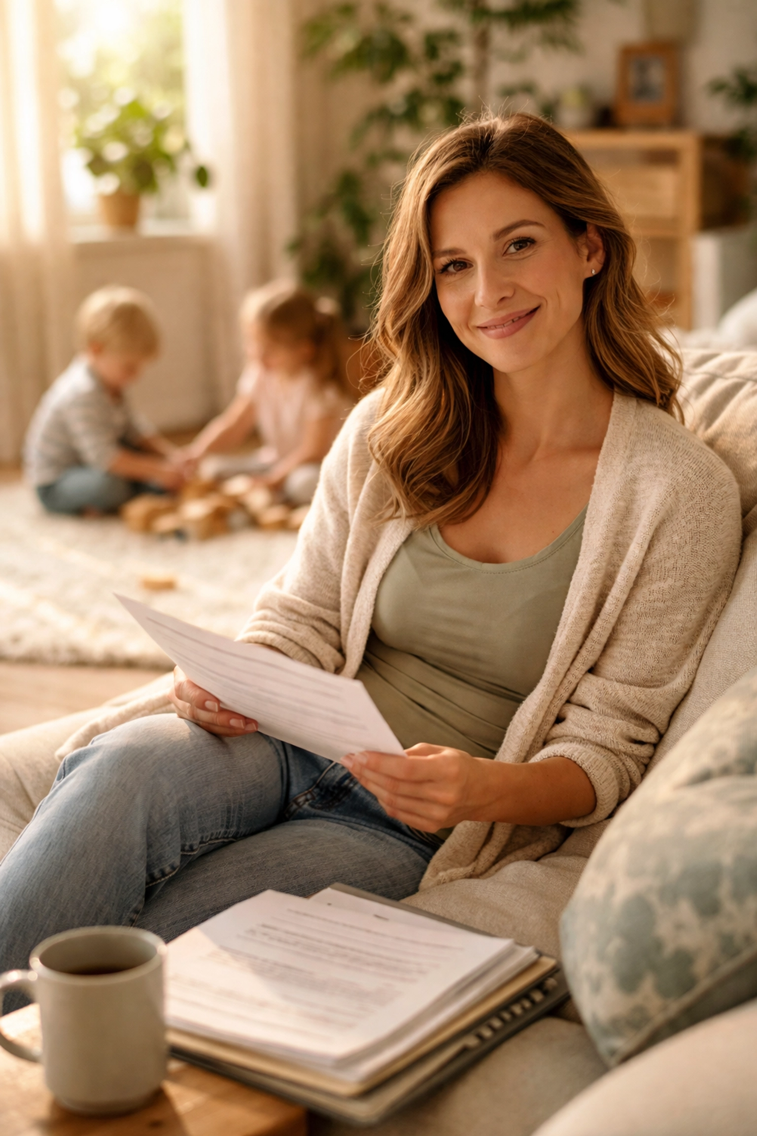A qualified surrogate candidate in Oregon relaxes with her children at home, reflecting family stability and readiness.