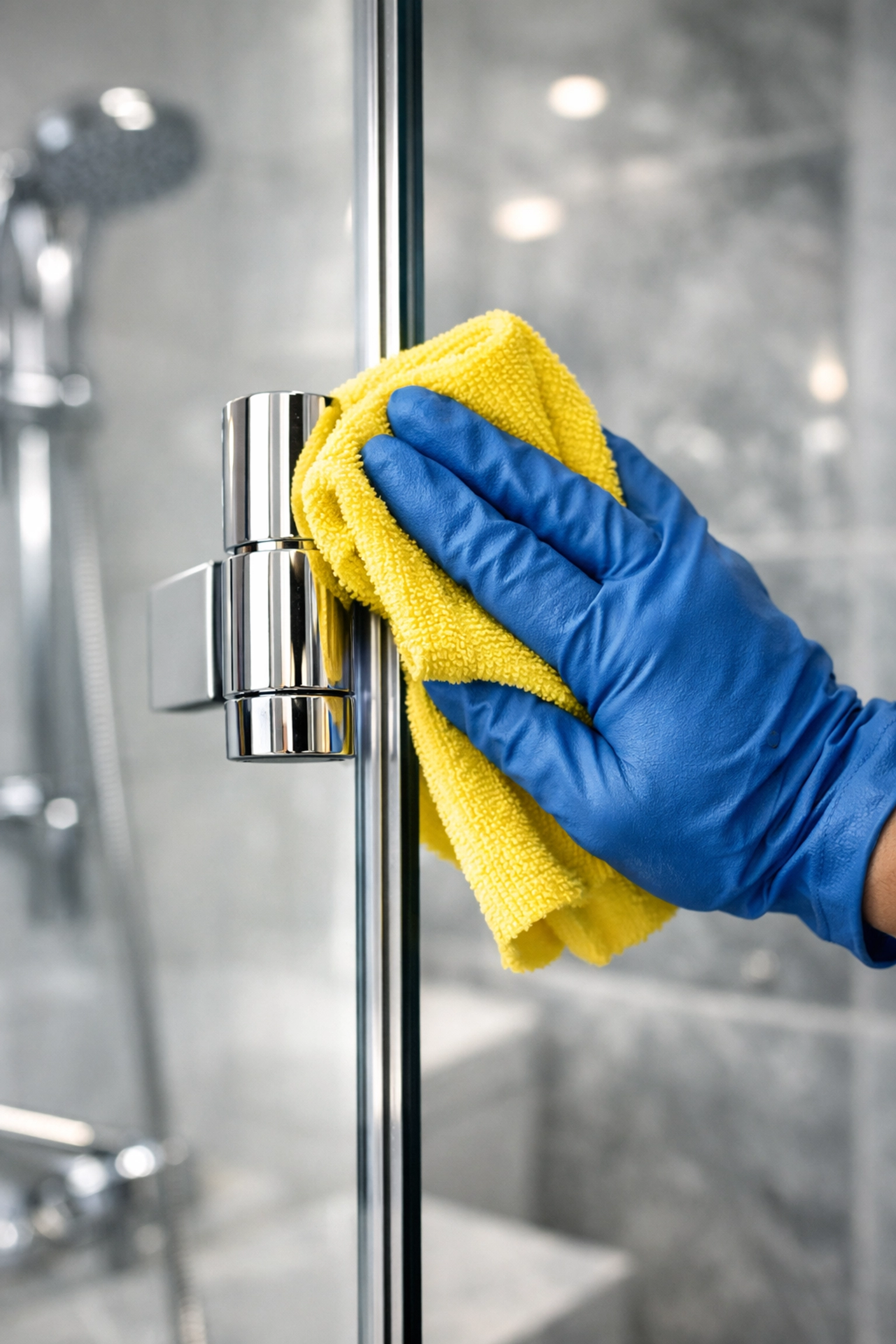 A professional cleaning specialist polishing chrome shower door hardware to a shine.