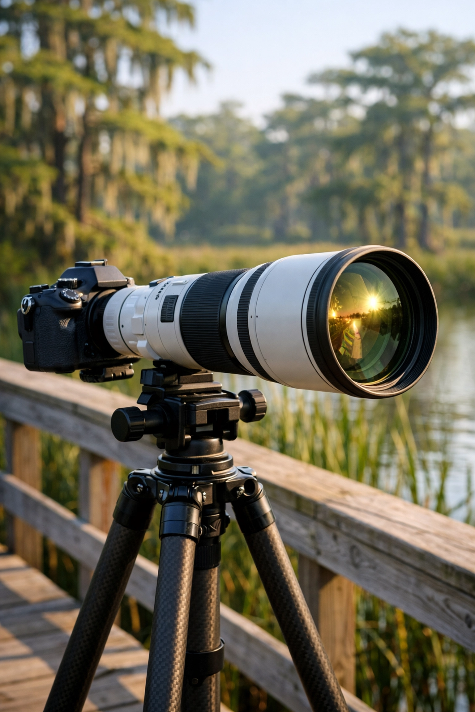 Professional mirrorless camera and telephoto lens on a tripod for Everglades photography.