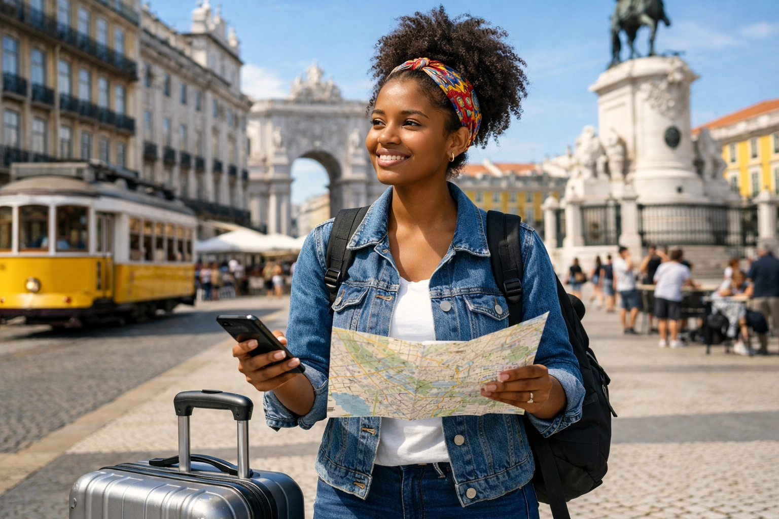 Jovem cabo-verdiana a explorar uma cidade portuguesa com mala e telemóvel, com expressão confiante e feliz