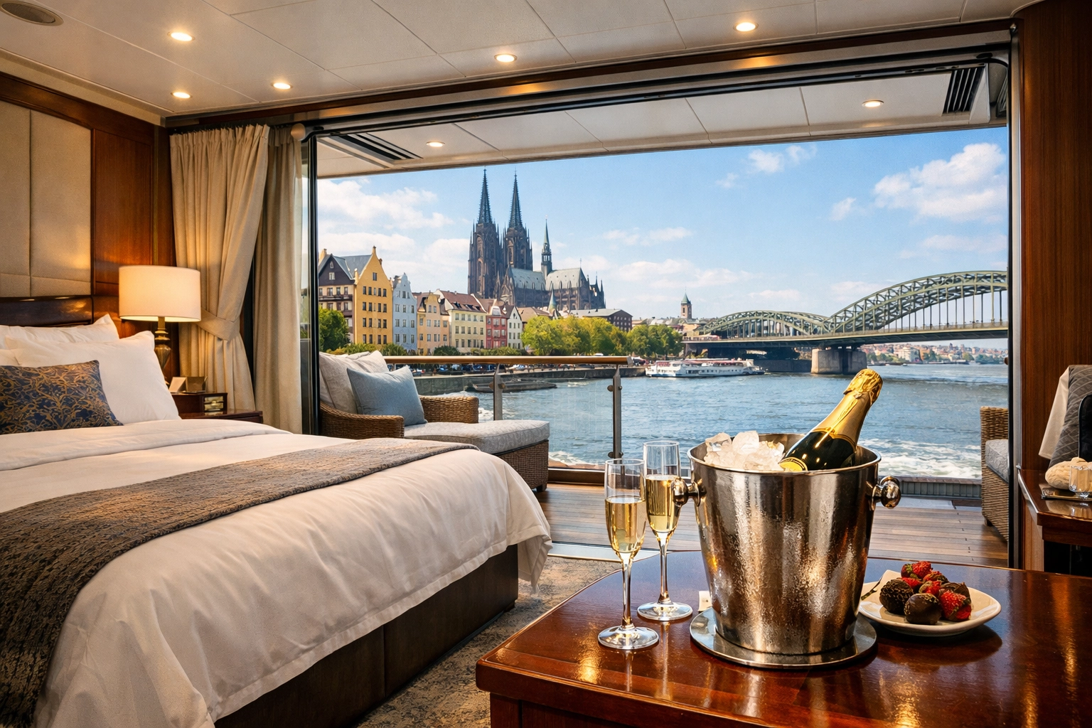 Luxury river cruise stateroom interior with floor-to-ceiling windows and European city views.