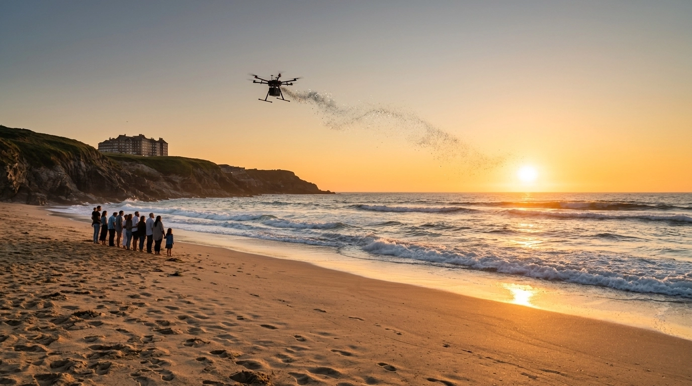 A serene and dignified wide-angle shot of Watergate Bay in Cornwall at sunset with a drone scattering ashes.
