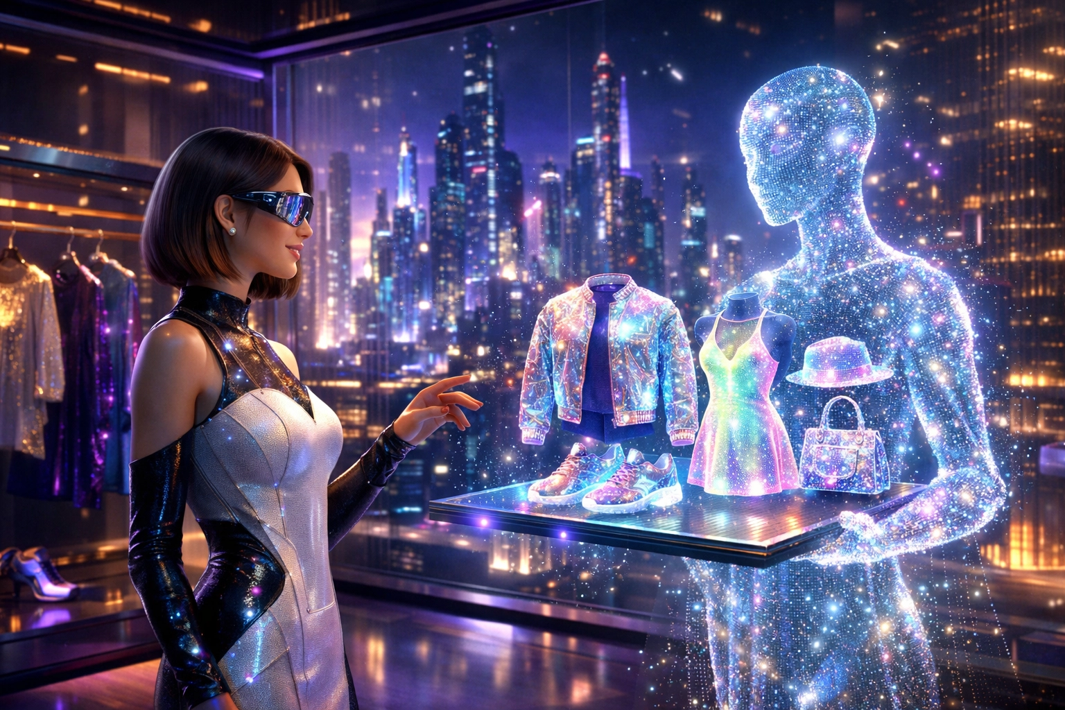 An avatar using an AI assistant to shop for digital wearables in a futuristic metaverse fashion boutique.