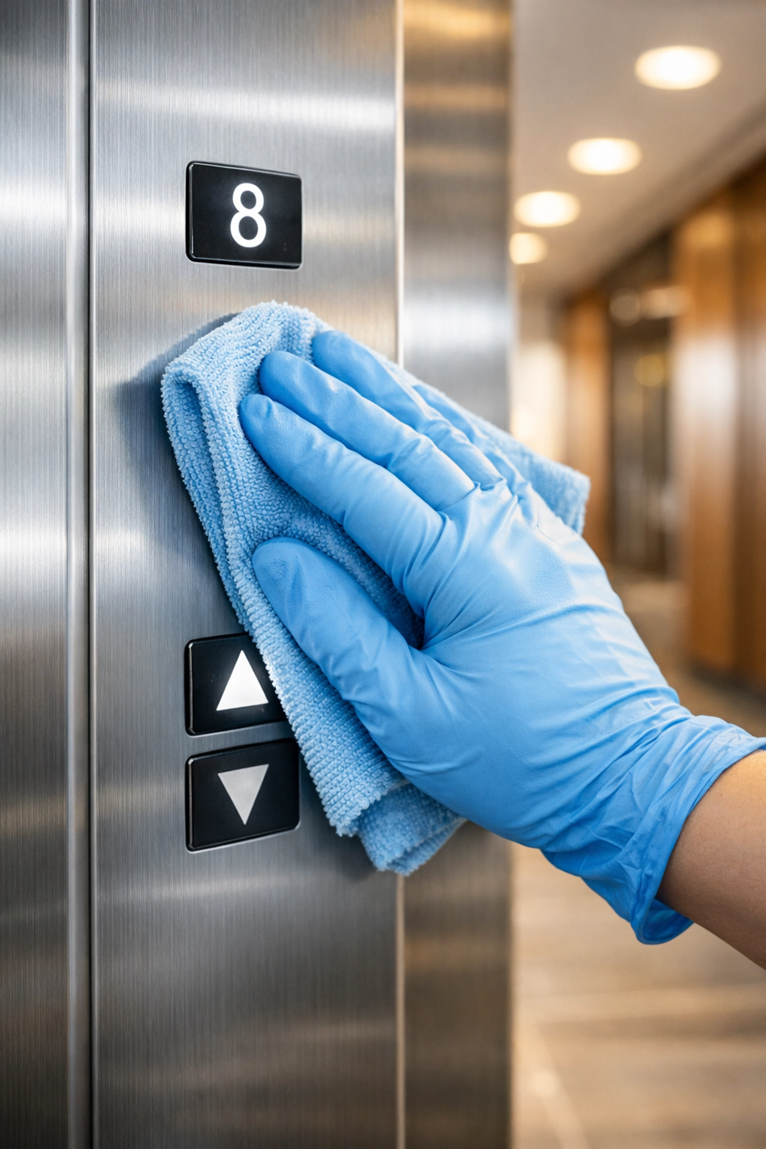 Janitorial professional cleaning a high-touch elevator panel to ensure high standards in a corporate office.