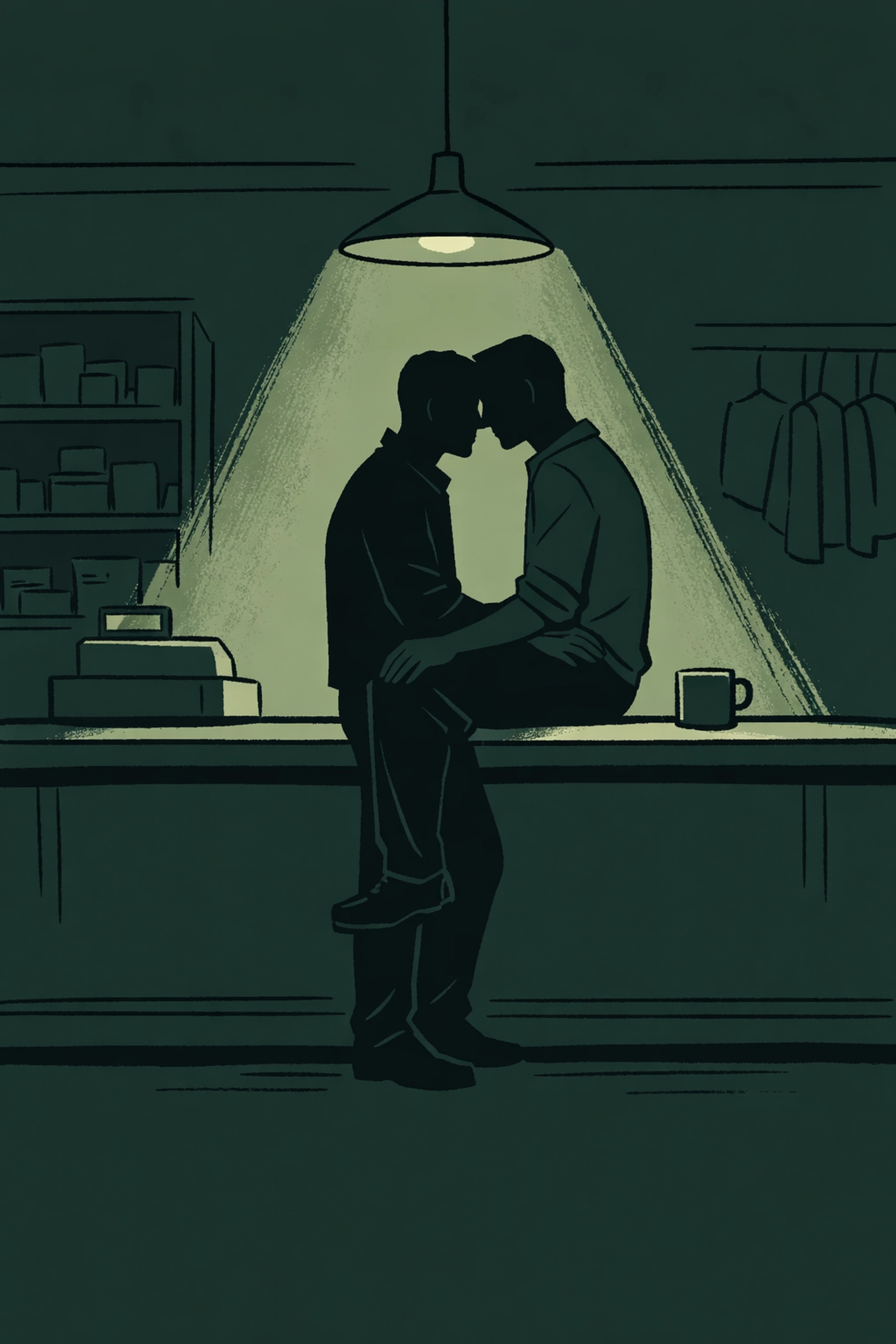 Two men at shop counter after closing time, workplace romance illustration
