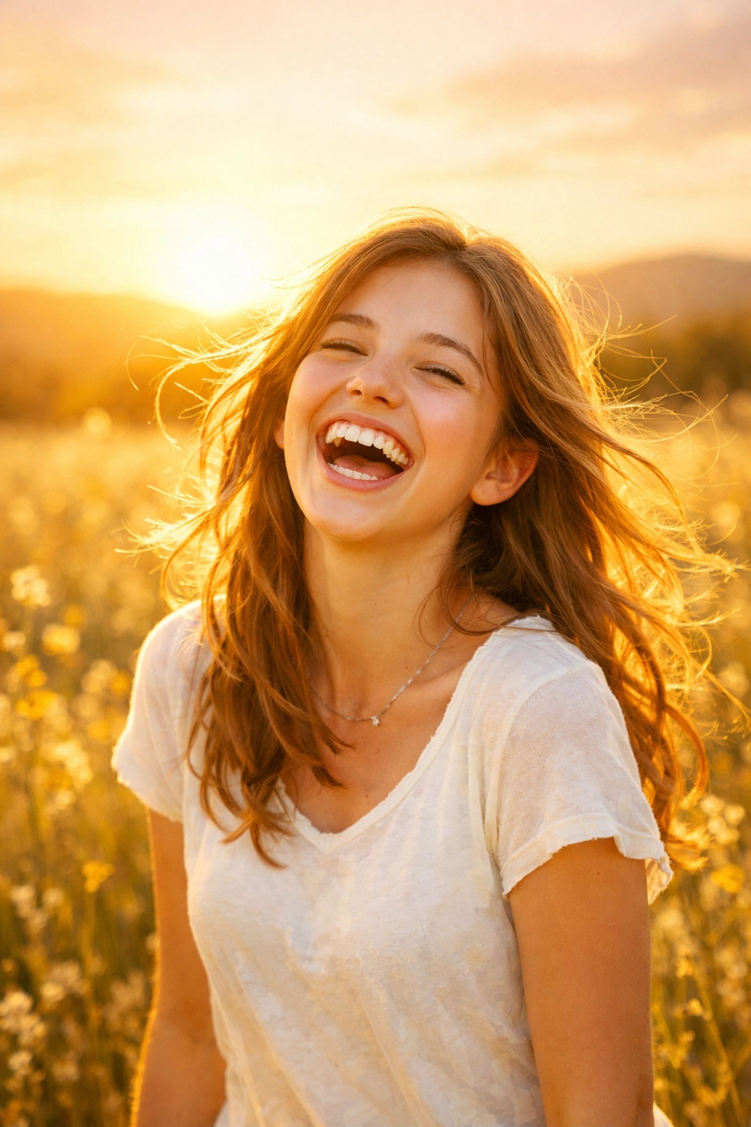 Happy teenage girl laughing in a sunlit field after a behavioral health residential program.
