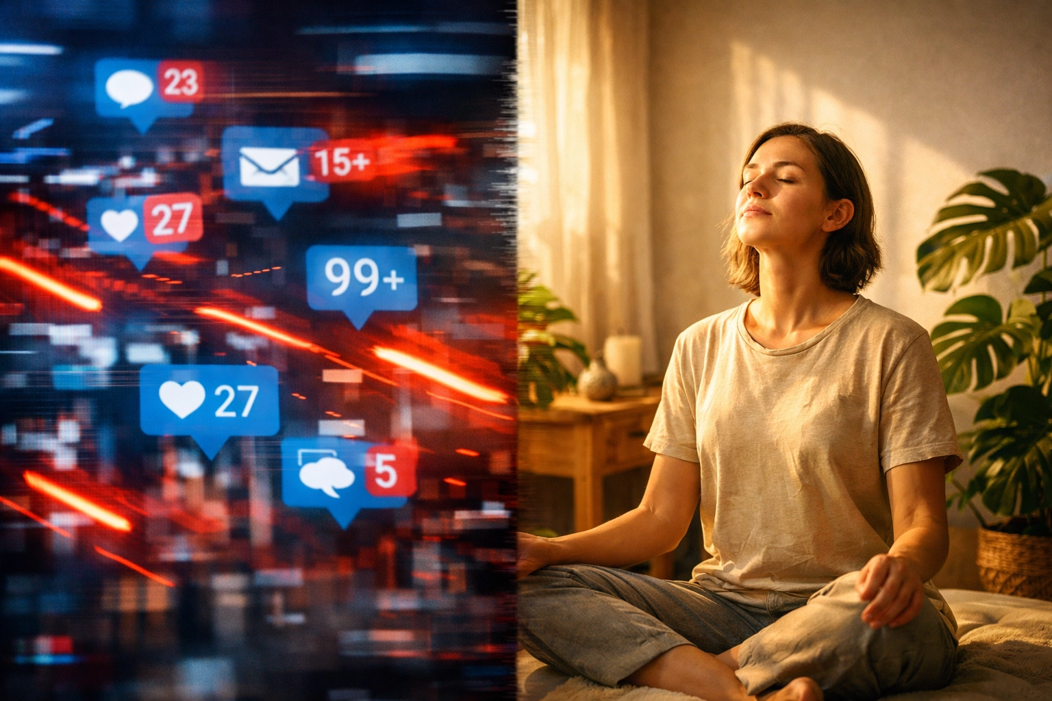 Person experiencing JOMO and mental peace in a sun-drenched room, escaping digital notification chaos.