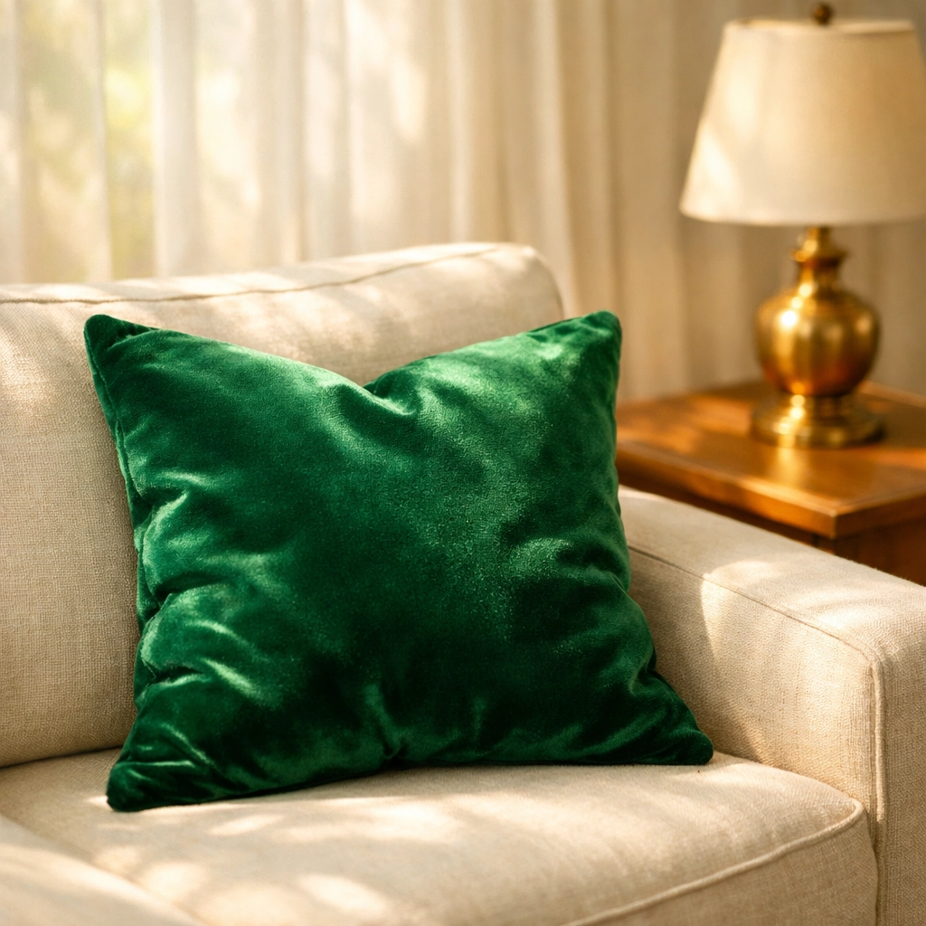 Emerald green velvet pillow on cream sofa with brass lamp creating luxury budget living room look