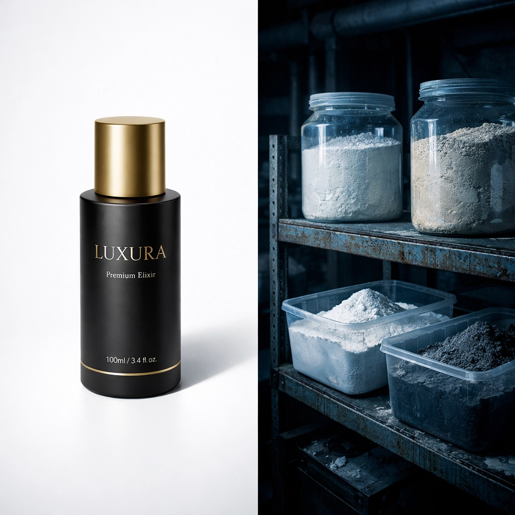 The Invisible Architect: Why the Brand Behind the Brand is Your Real Quality Guarantee 2 Brand product bottle contrasted with raw ingredient warehouse supply chain