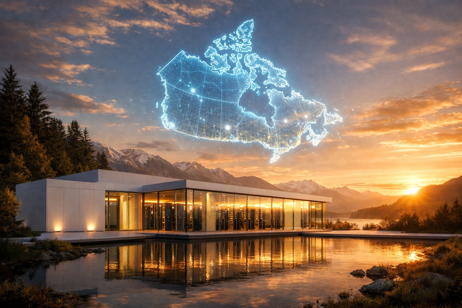 Modern data center integrated into a local landscape symbolizing data residency and sovereignty.