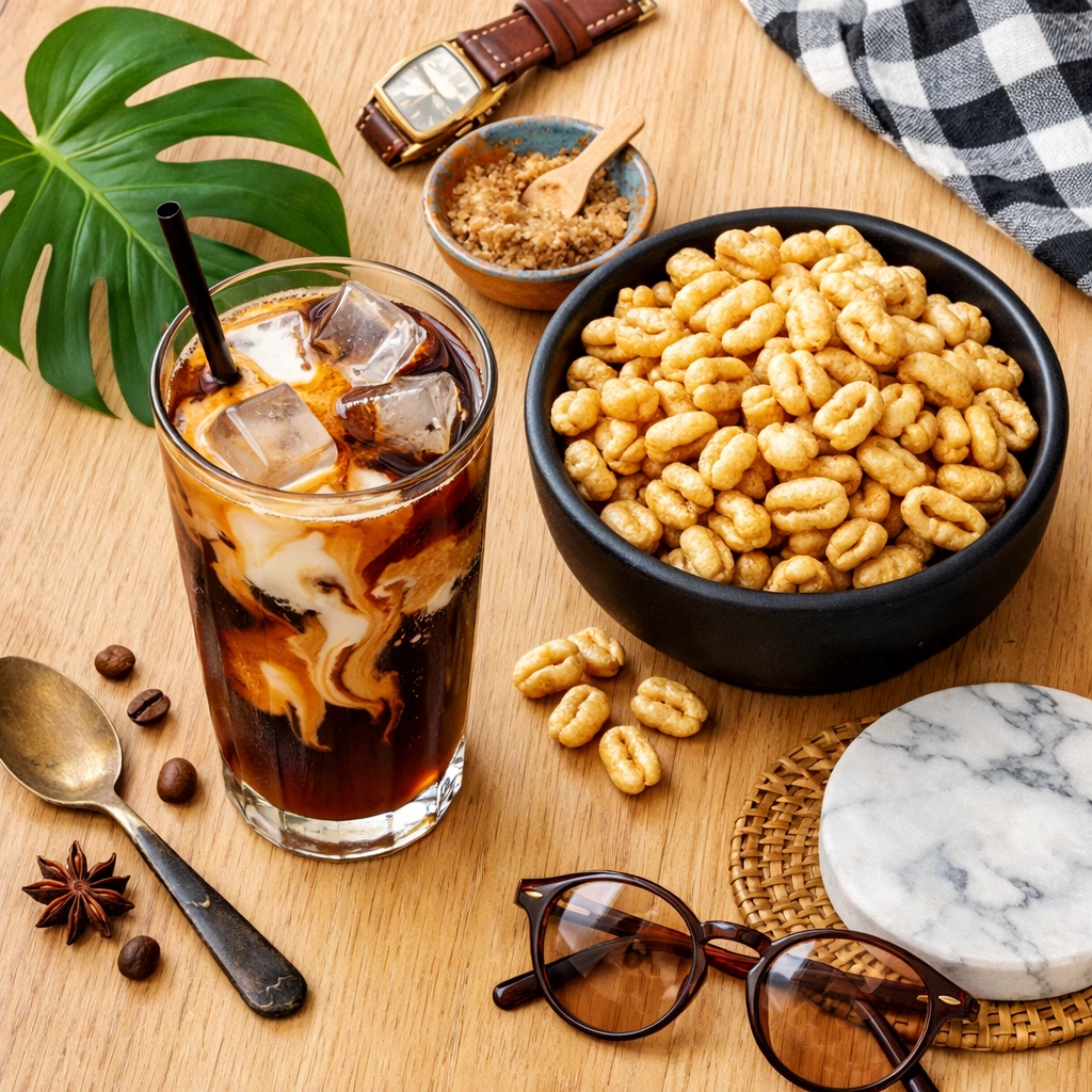 Refreshing Java House cold brew coffee and golden kamut puffs, the ultimate high-energy adventure snacks.
