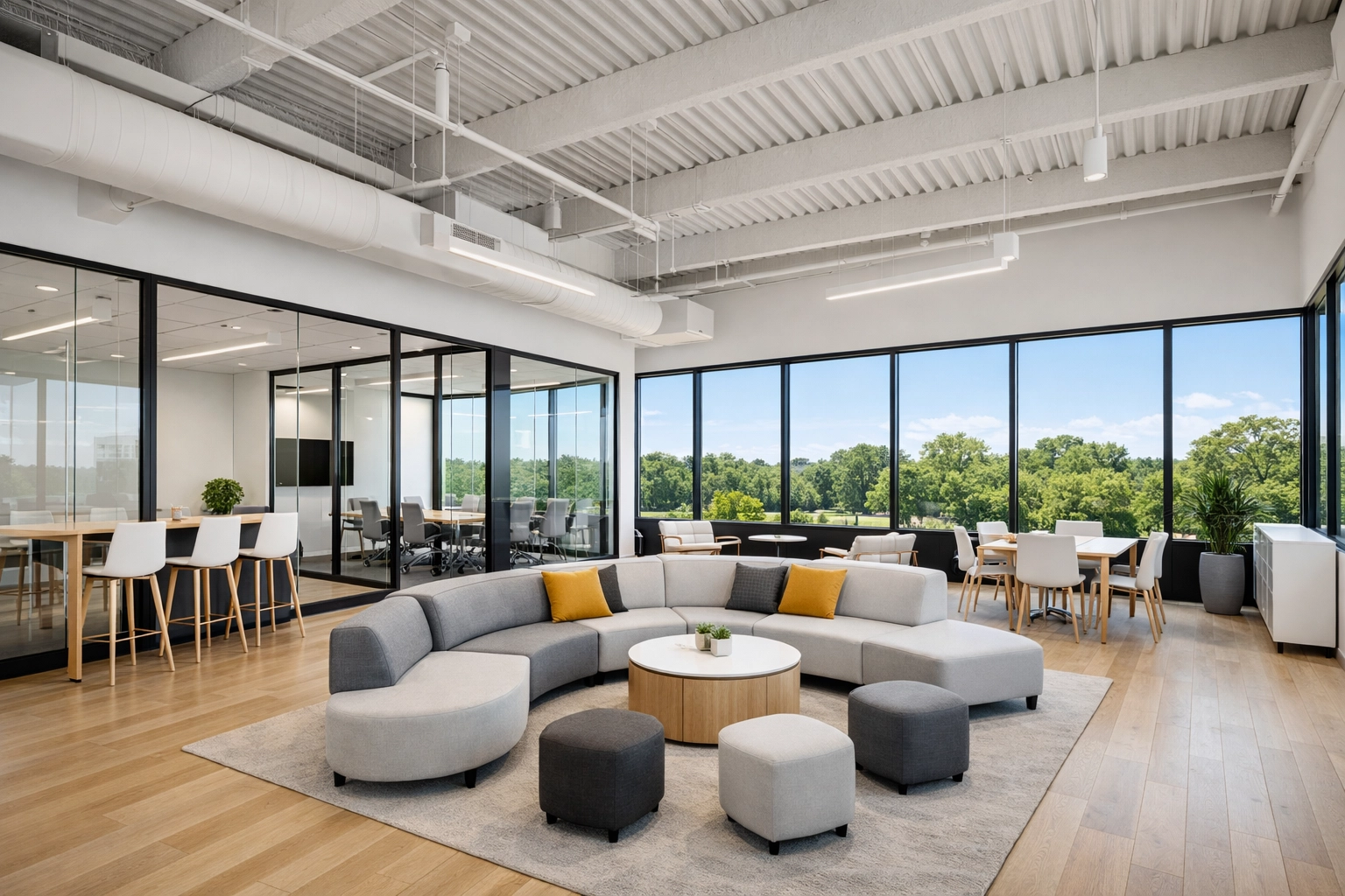 Modern interior of a premium office space for lease in Houston with professional collaborative areas.