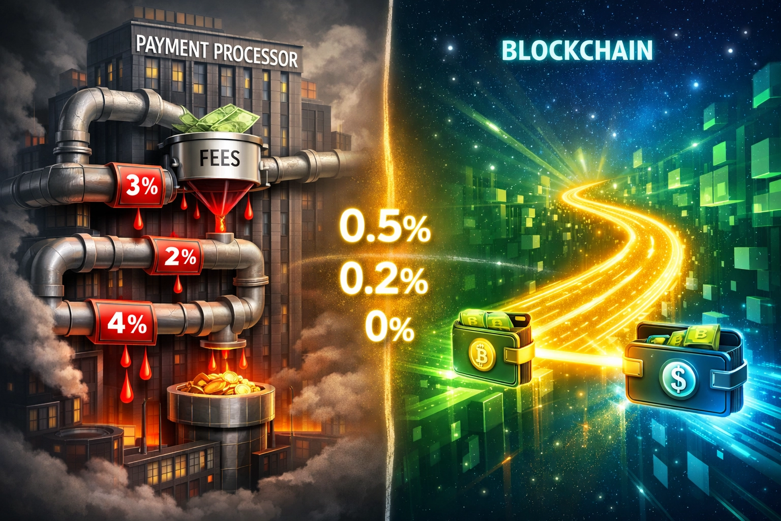 Traditional payment processor fees vs blockchain merchant account cost savings comparison