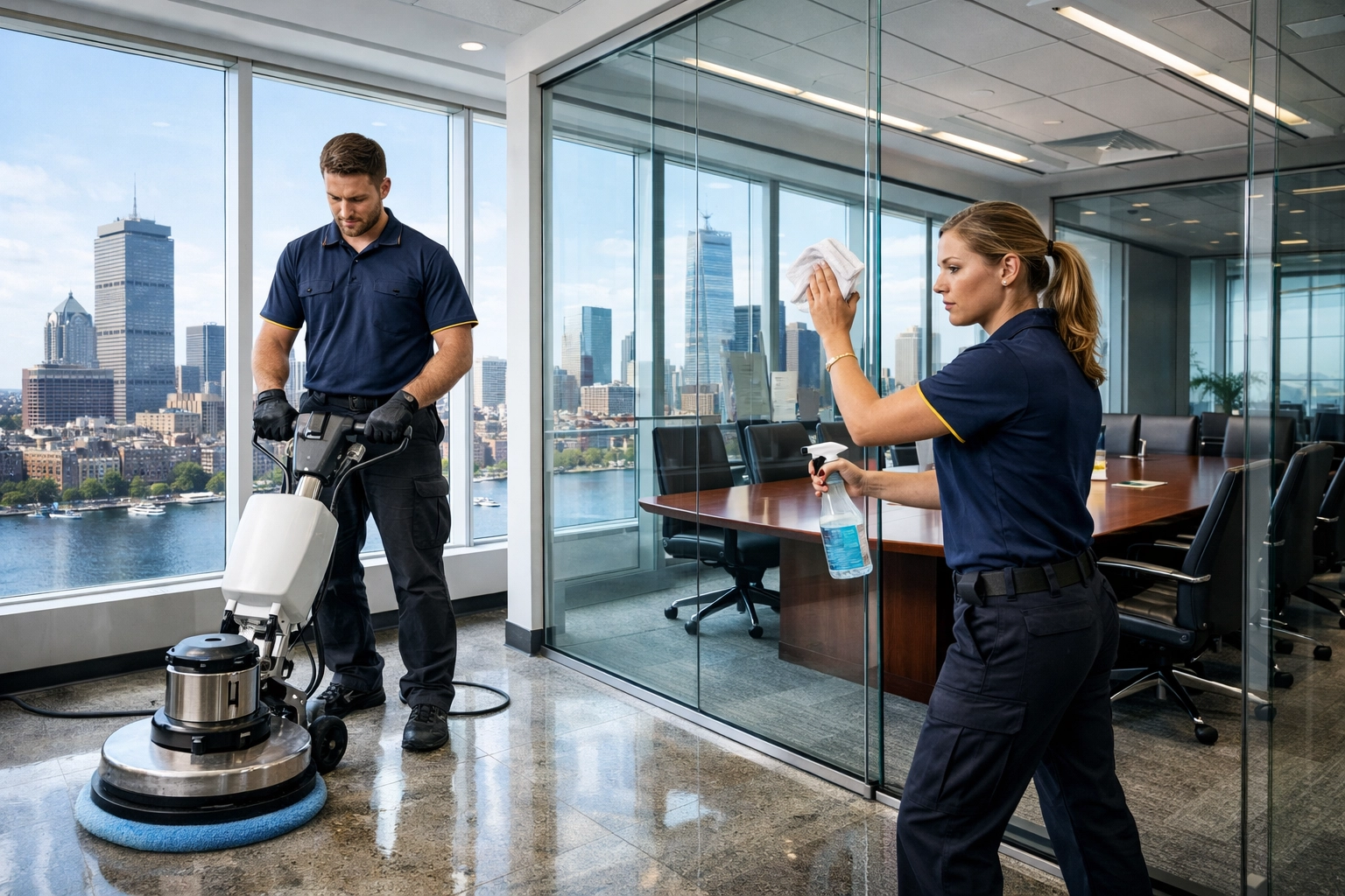 Janitorial services Massachusetts team providing professional commercial cleaning in a modern Boston office.