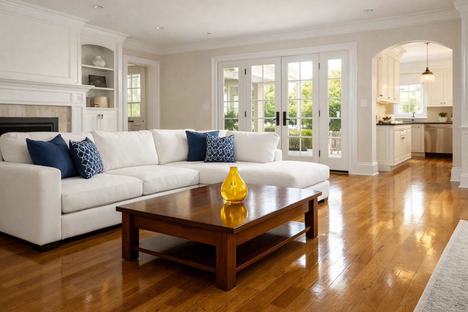 Pristine living room with clean hardwood floors provided by professional house cleaning in Billerica, MA.