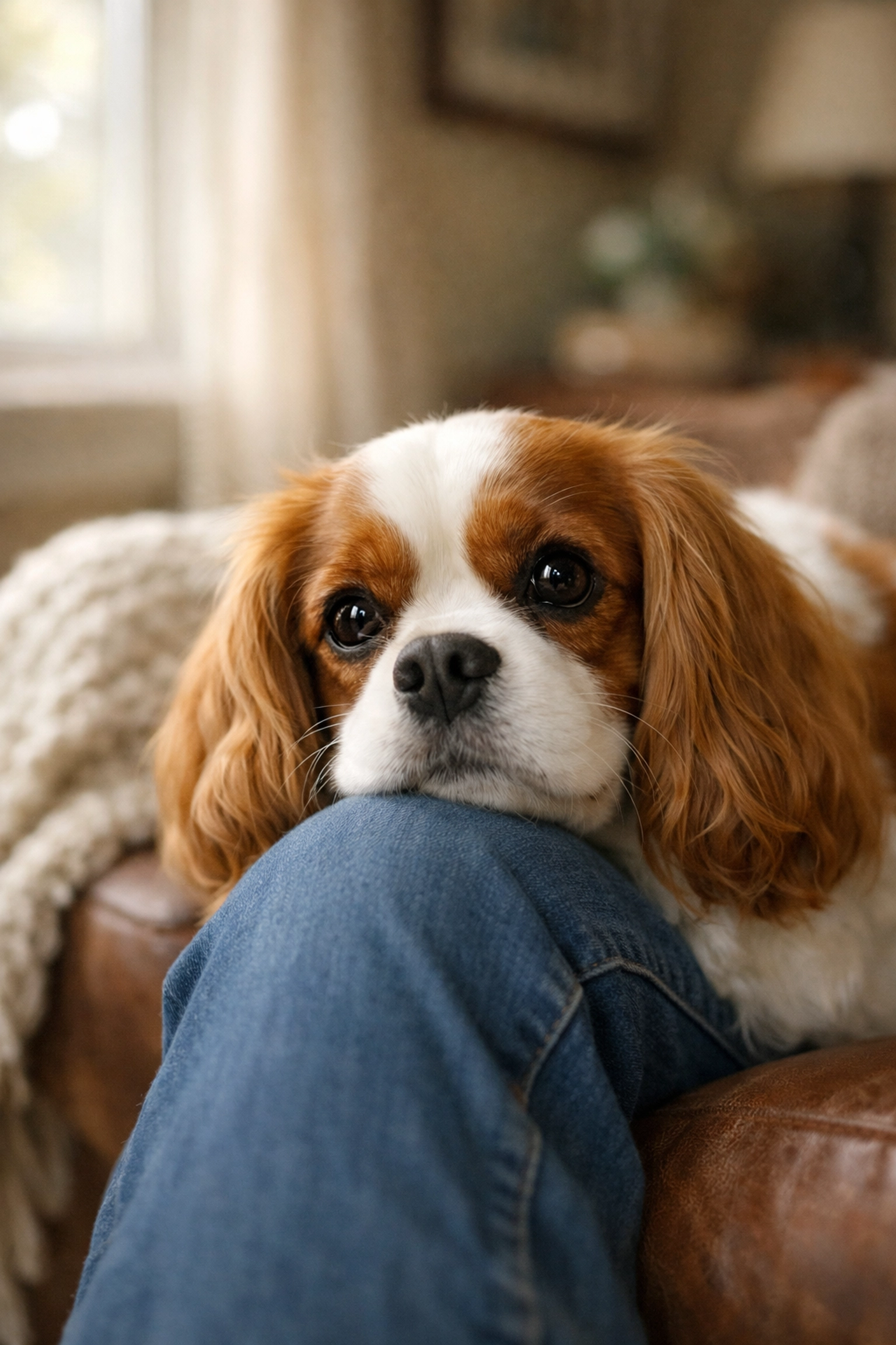 Caring therapy-quality Cavalier King Charles Spaniel in Oregon resting its head on a knee to provide comfort.
