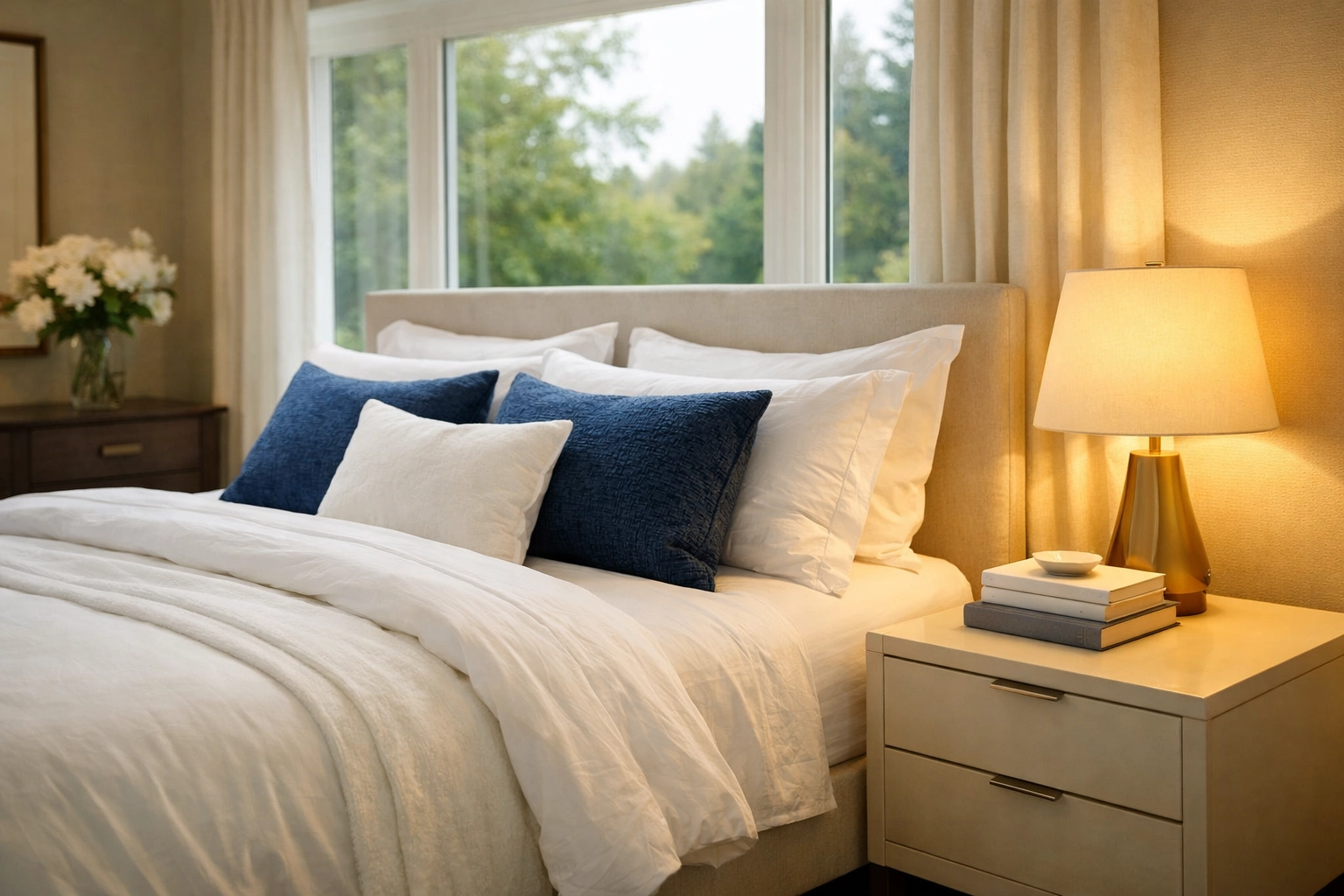A perfectly made bed and clean luxury bedroom providing peace of mind to Weston residents.