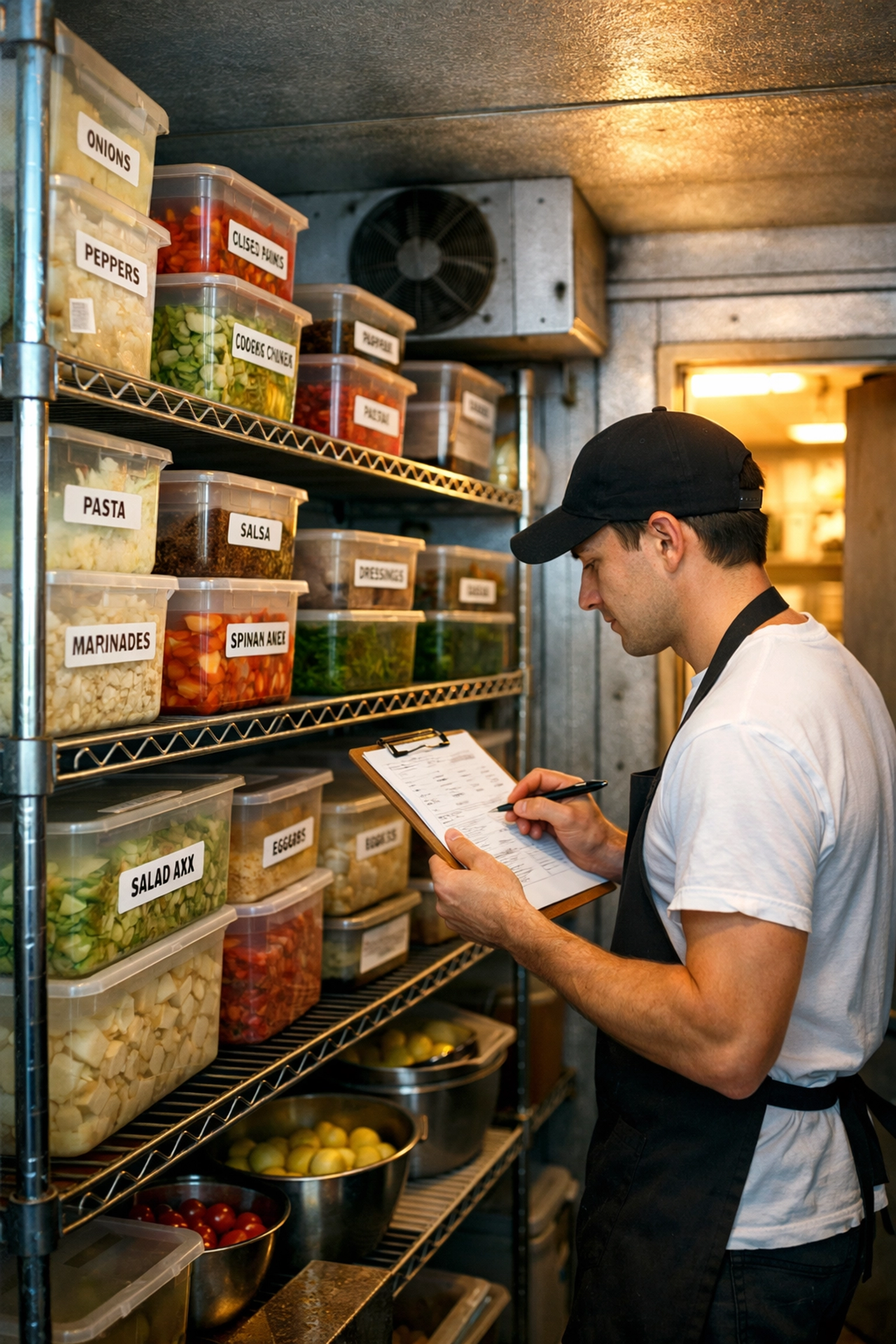 Organized restaurant inventory management with labeled containers and prep checklist