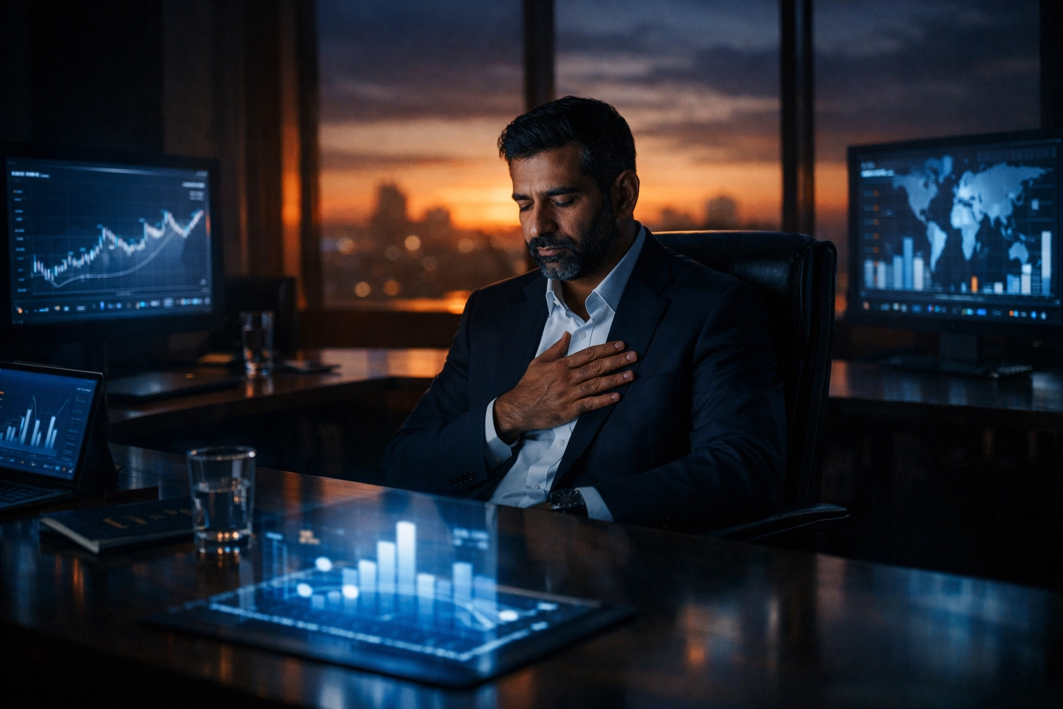 Business executive checking gut instinct surrounded by data screens in boardroom