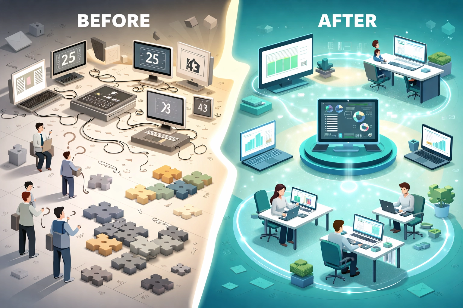 Before and after comparison showing disconnected restaurant tech versus integrated systems framework