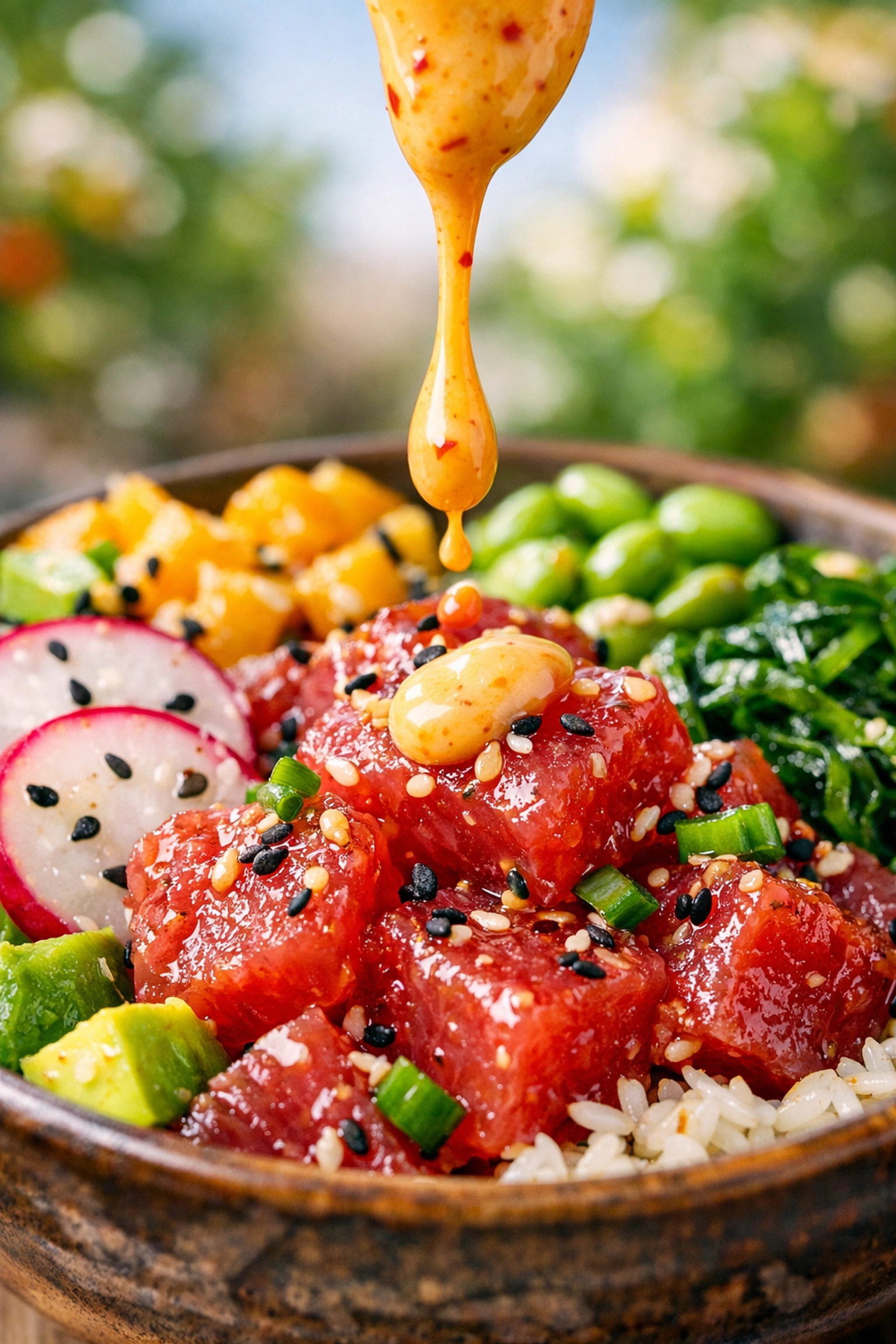 Gros plan d'un poke bowl au thon avec sa sauce maison, le choix idéal pour manger sain à Montpellier.