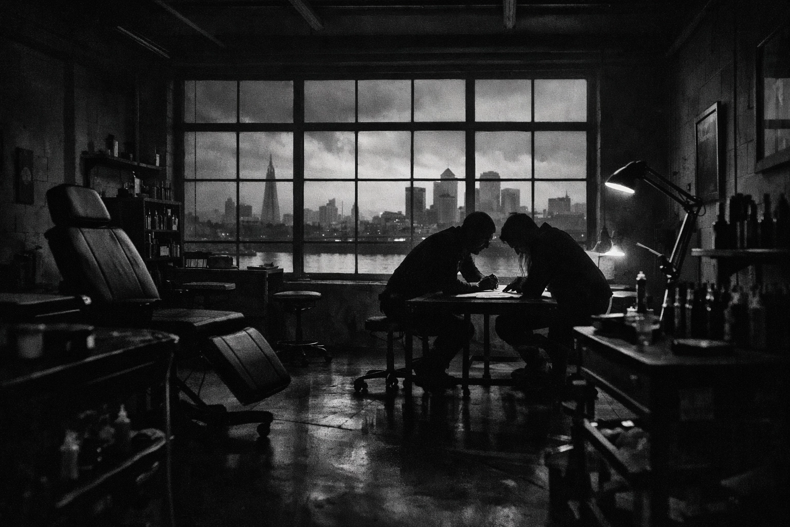 Atmospheric interior of our visionary tattoo studio in Woolwich SE2 featuring a London skyline view.