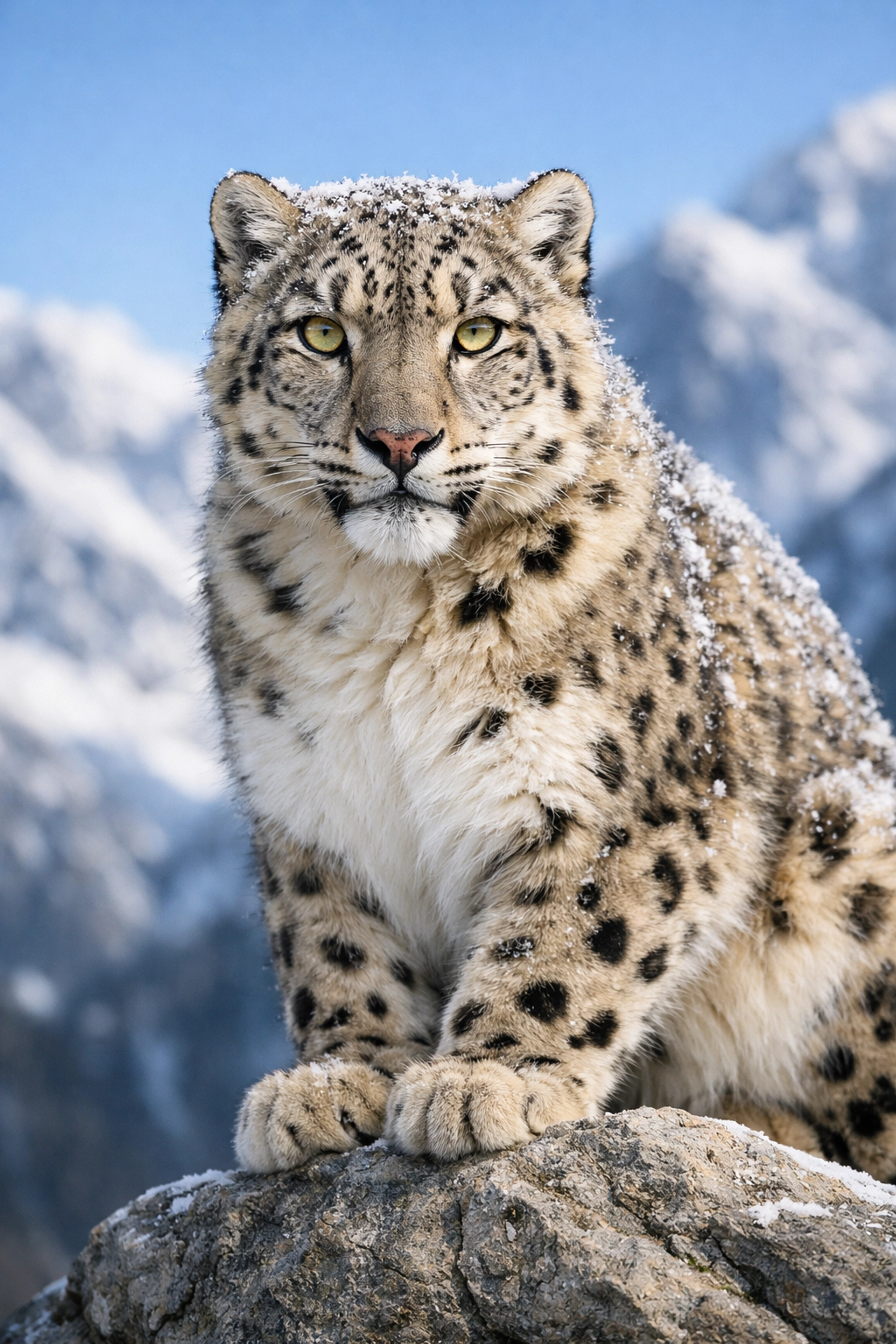 High-quality portrait of a Snow Leopard on a rock, used for a premium species spotlight.