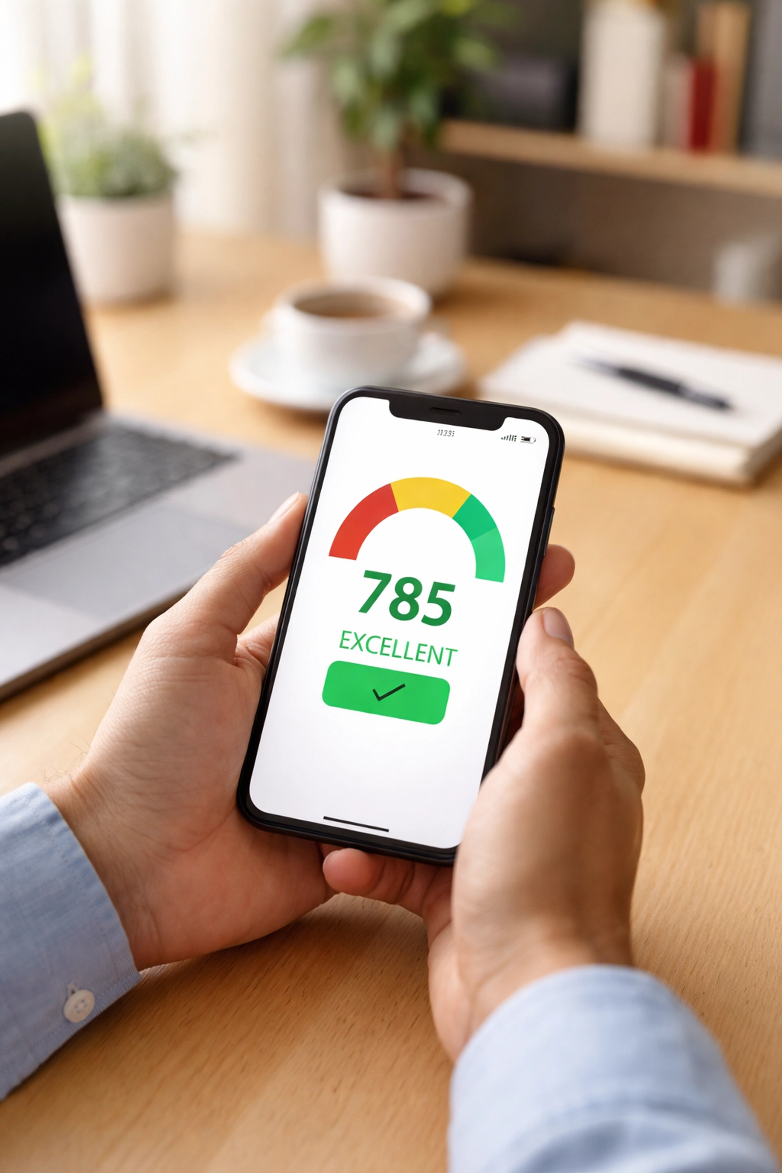 Young adult checking credit score on smartphone, starting their journey to build credit from scratch.