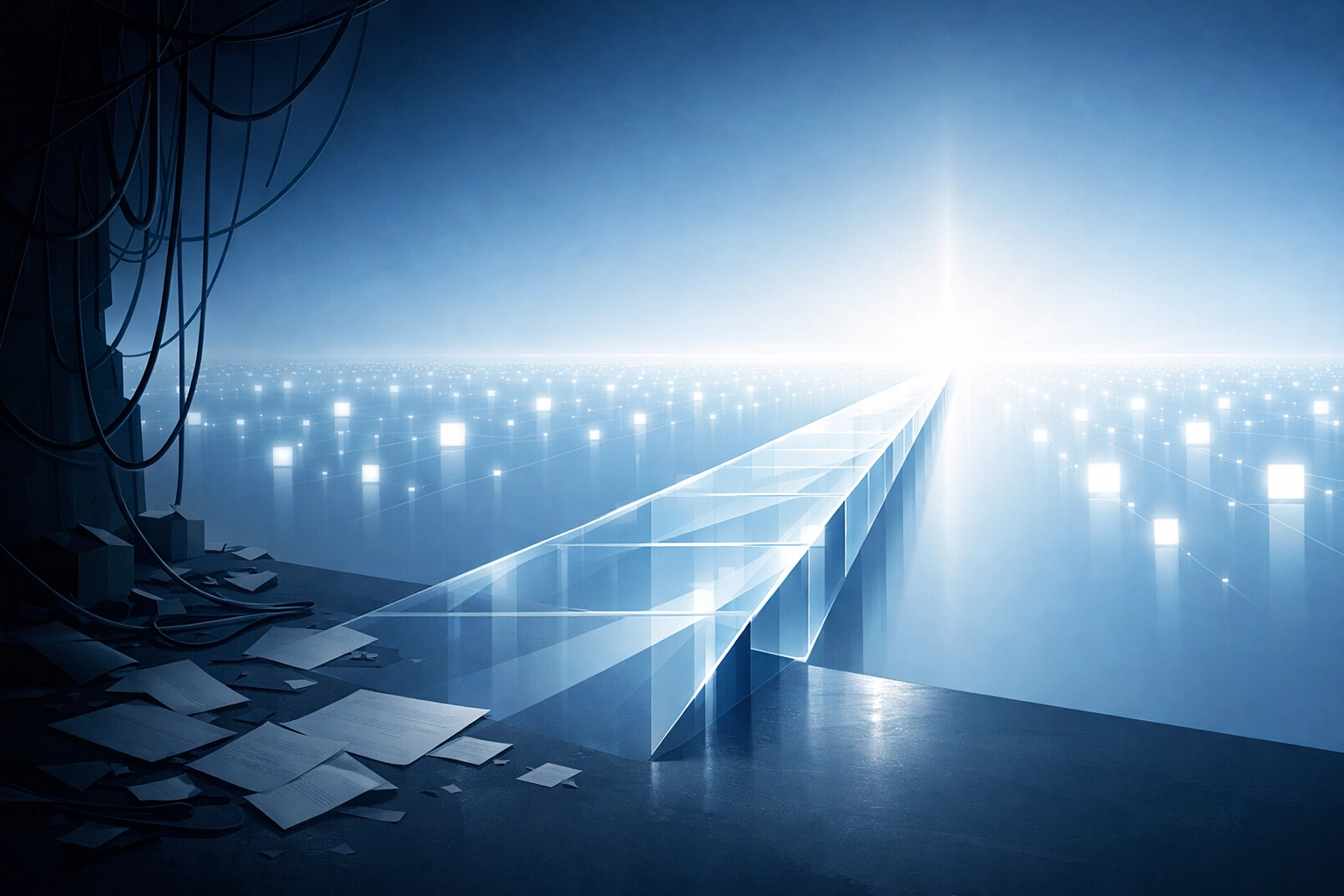 Digital bridge symbolizing the transition from business chaos to proactive AI workflow automation.