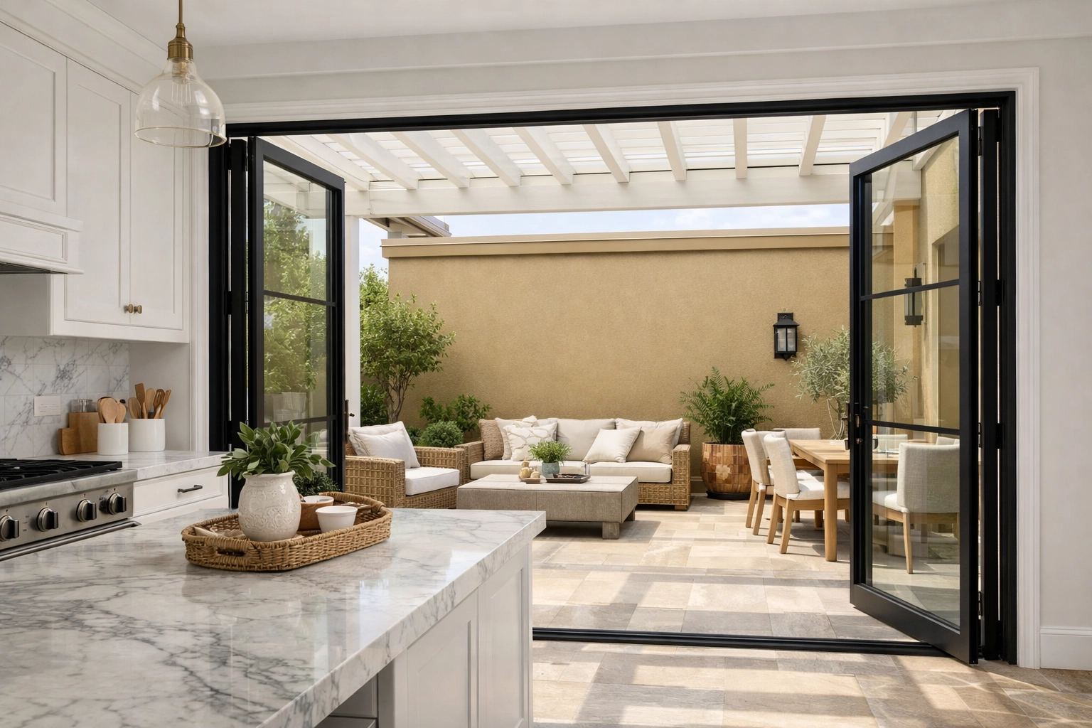 Luxury home remodeling in Orlando showing a modern kitchen opening to a patio with warm neutral paint.