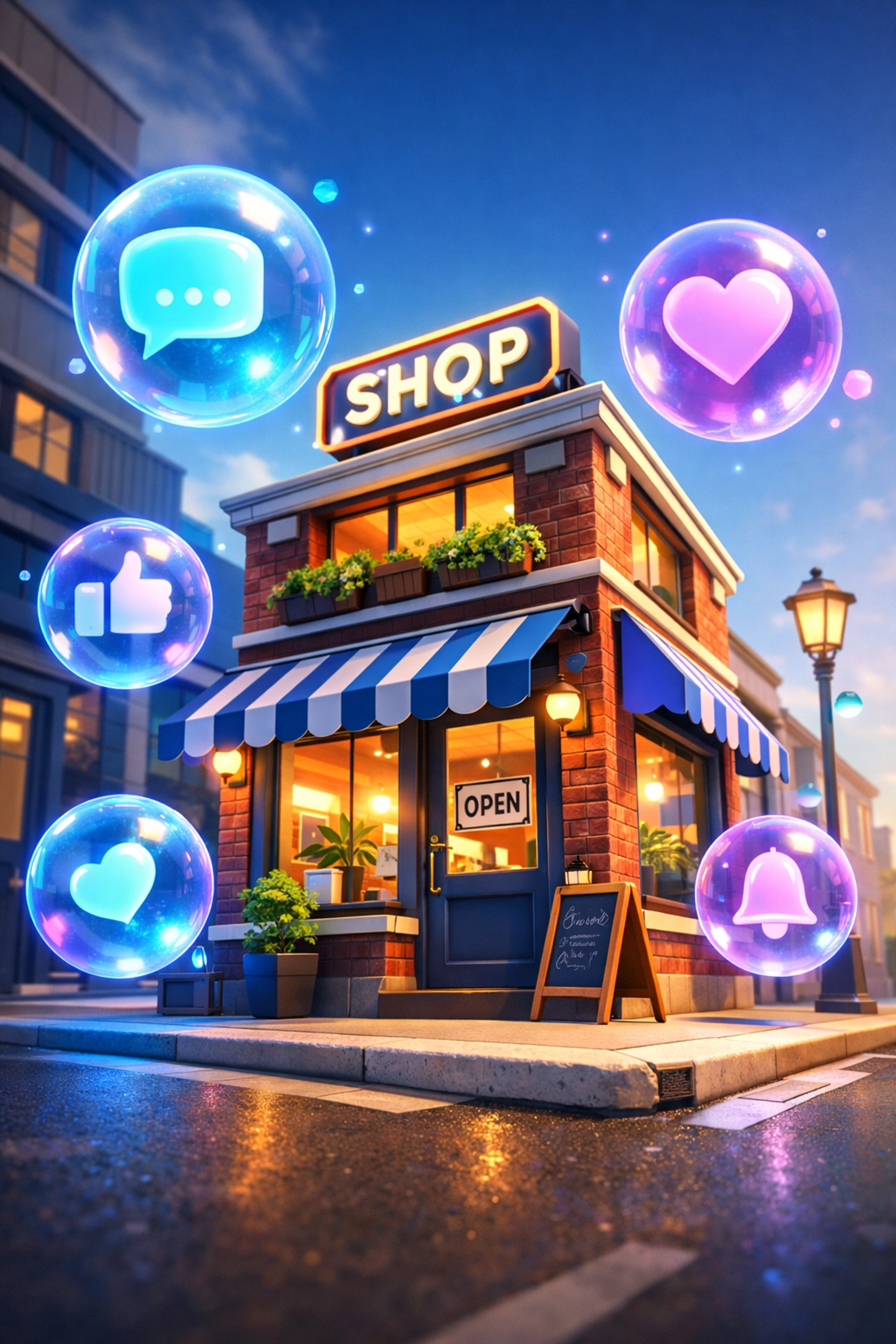 A small business storefront surrounded by digital icons representing social media management services.